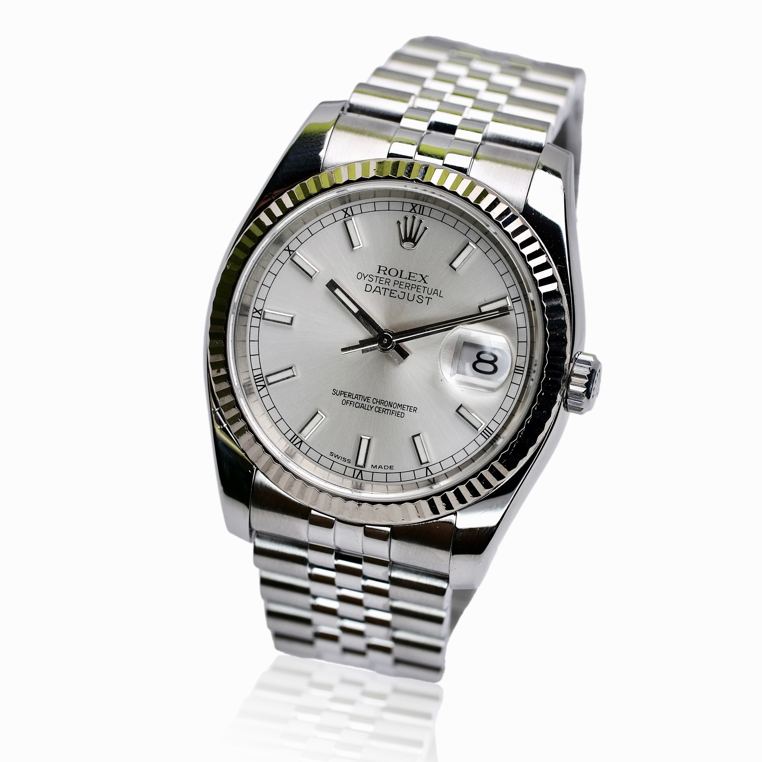 ROLEX DATEJUST SILVER INDEX DIAL STEEL JUBILEE WATCH 116234 W/ PAPER - Luxuriant Concierge