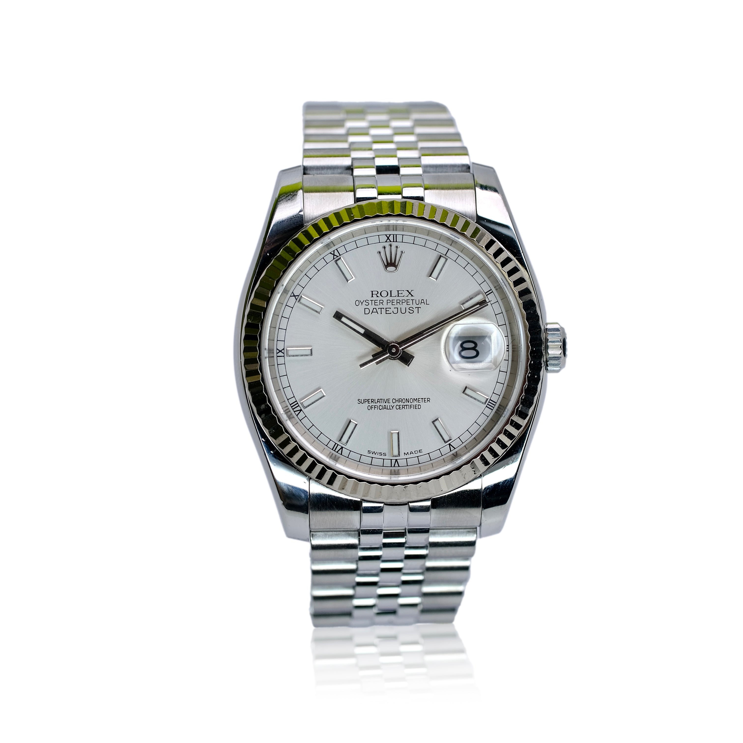 ROLEX DATEJUST SILVER INDEX DIAL STEEL JUBILEE WATCH 116234 W/ PAPER - Luxuriant Concierge