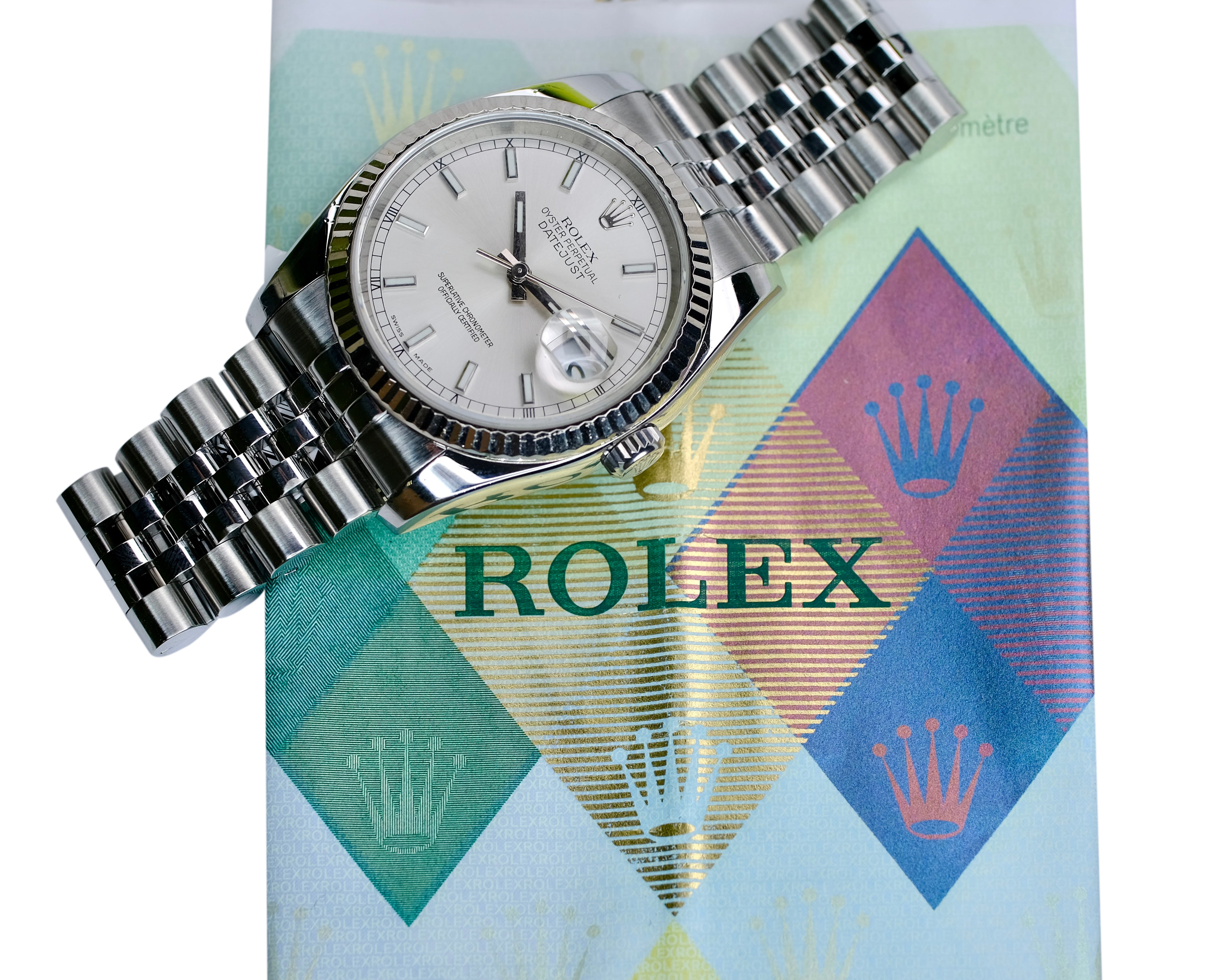 ROLEX DATEJUST SILVER INDEX DIAL STEEL JUBILEE WATCH 116234 W/ PAPER - Luxuriant Concierge