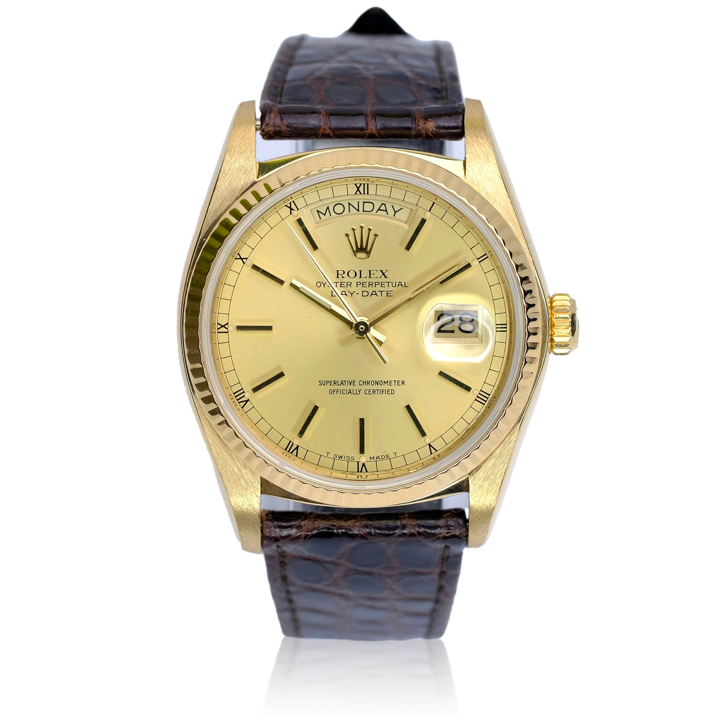 ROLEX DAY-DATE ROLEX CHAMPAGNE INDEX DIAL  18KY BROWN LEATHER BAND 18038 - Luxuriant Concierge