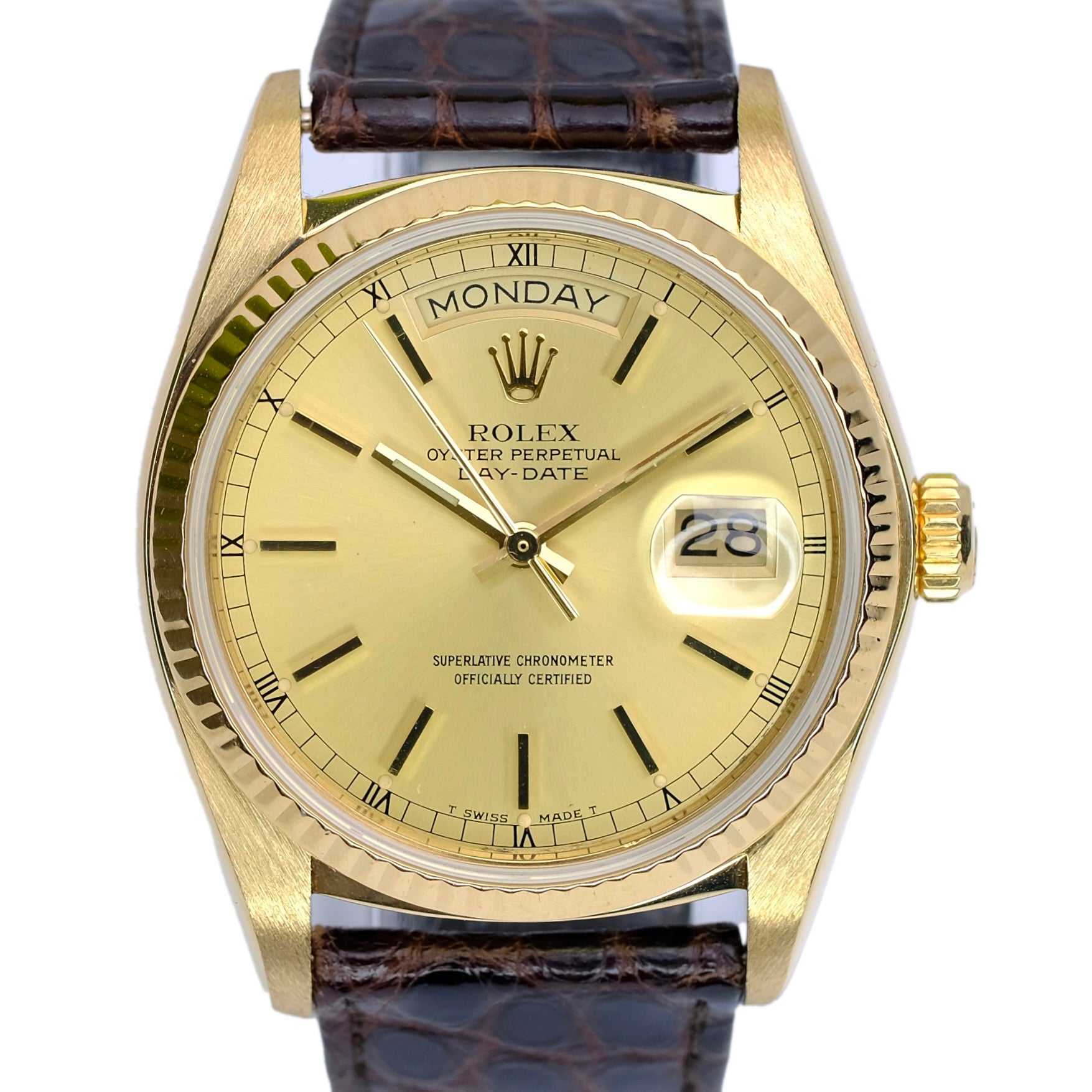 ROLEX DAY-DATE ROLEX CHAMPAGNE INDEX DIAL  18KY BROWN LEATHER BAND 18038 - Luxuriant Concierge