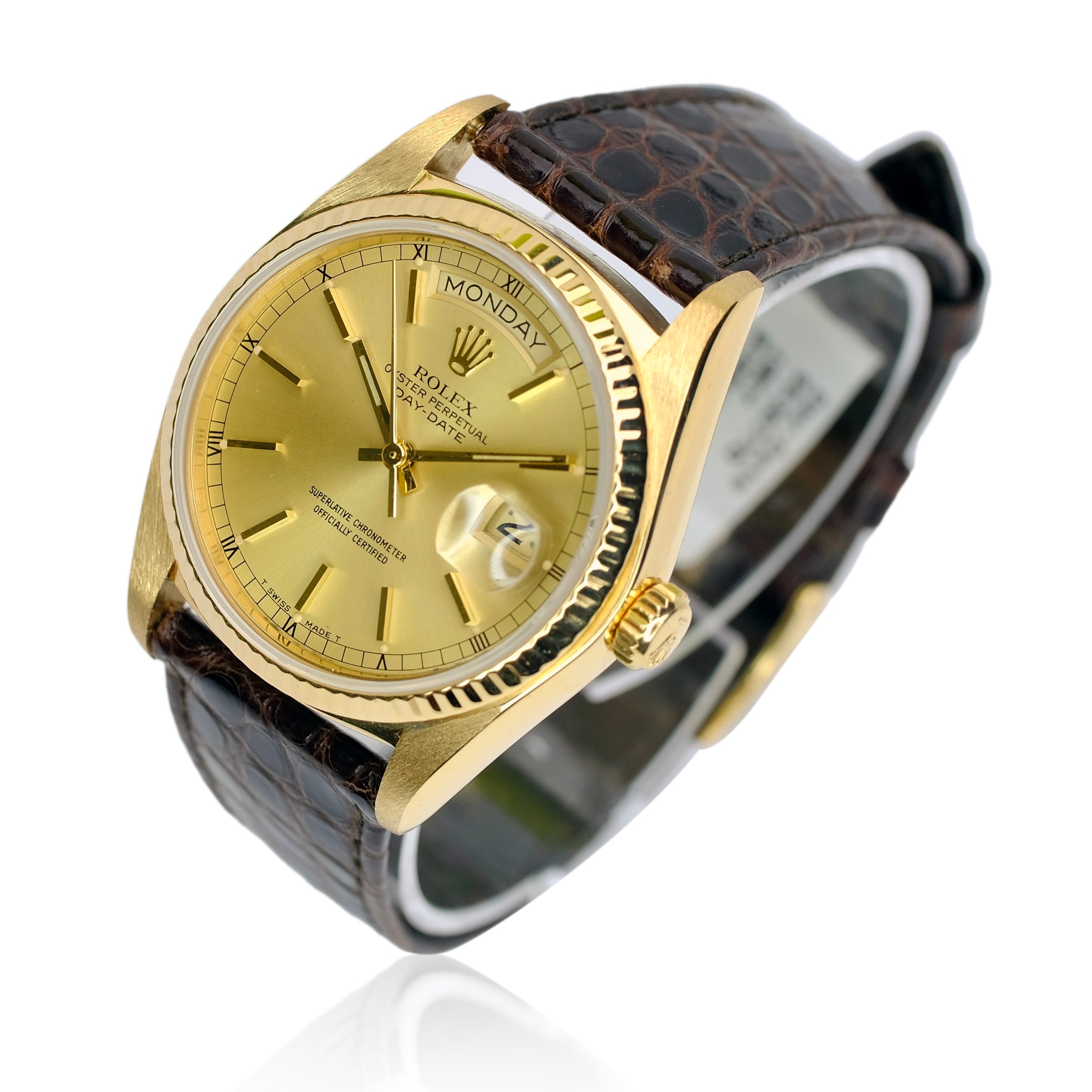 ROLEX DAY-DATE ROLEX CHAMPAGNE INDEX DIAL  18KY BROWN LEATHER BAND 18038 - Luxuriant Concierge