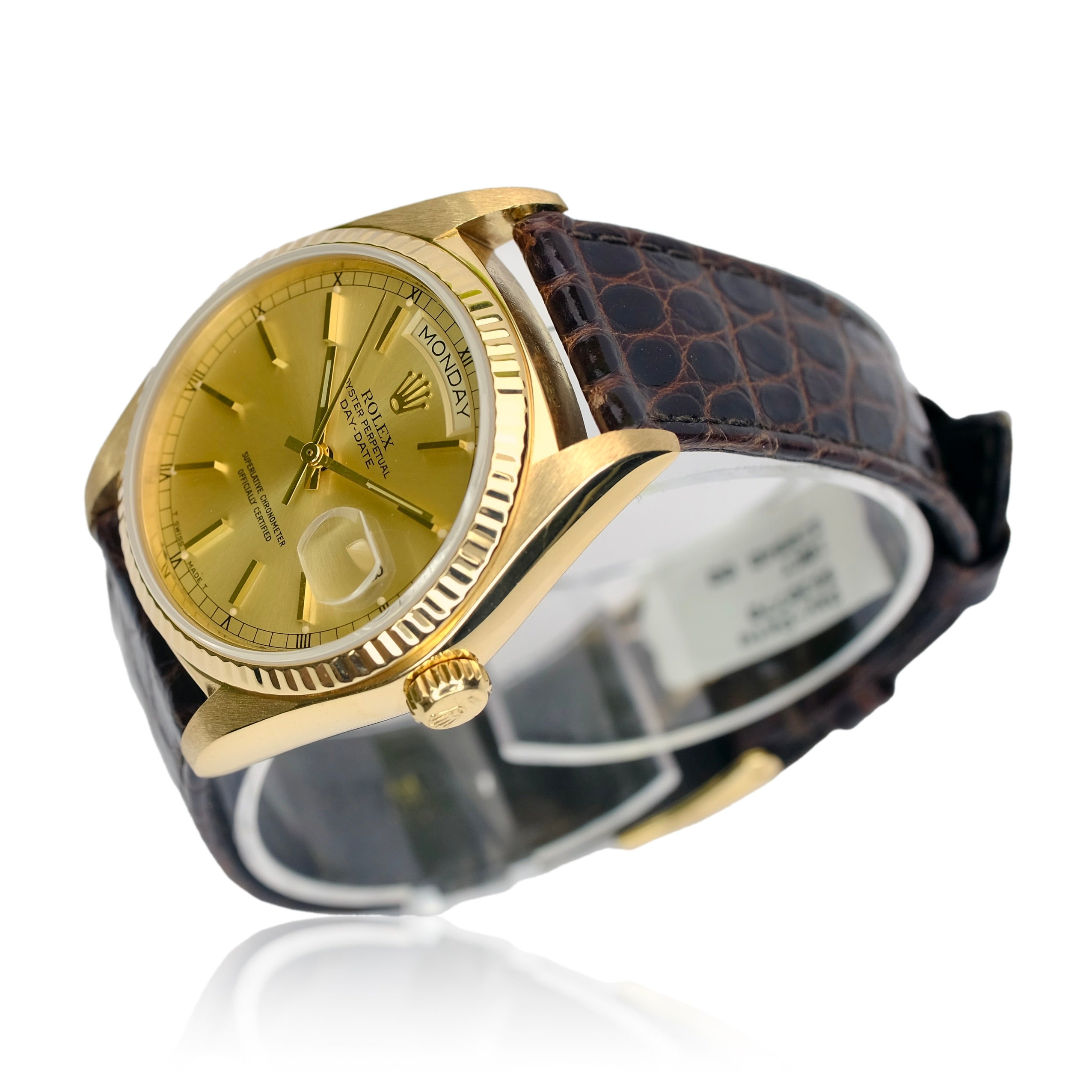 ROLEX DAY-DATE ROLEX CHAMPAGNE INDEX DIAL  18KY BROWN LEATHER BAND 18038 - Luxuriant Concierge