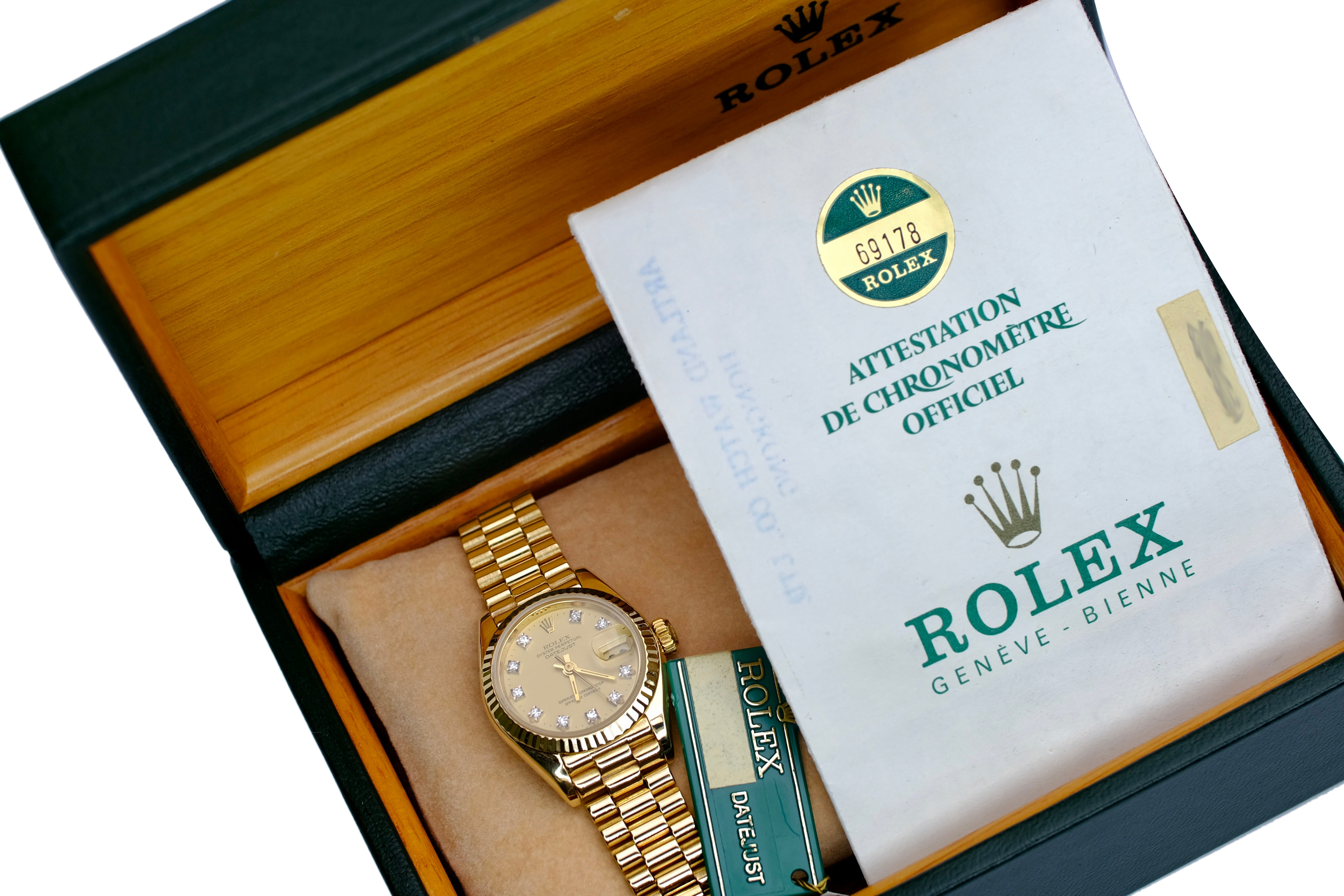 ROLEX DATEJUST CHAMPAGNE DIAMOND DIAL 18KY GOLD PRESIDENT 69178 BOX&PAPER - Luxuriant Concierge