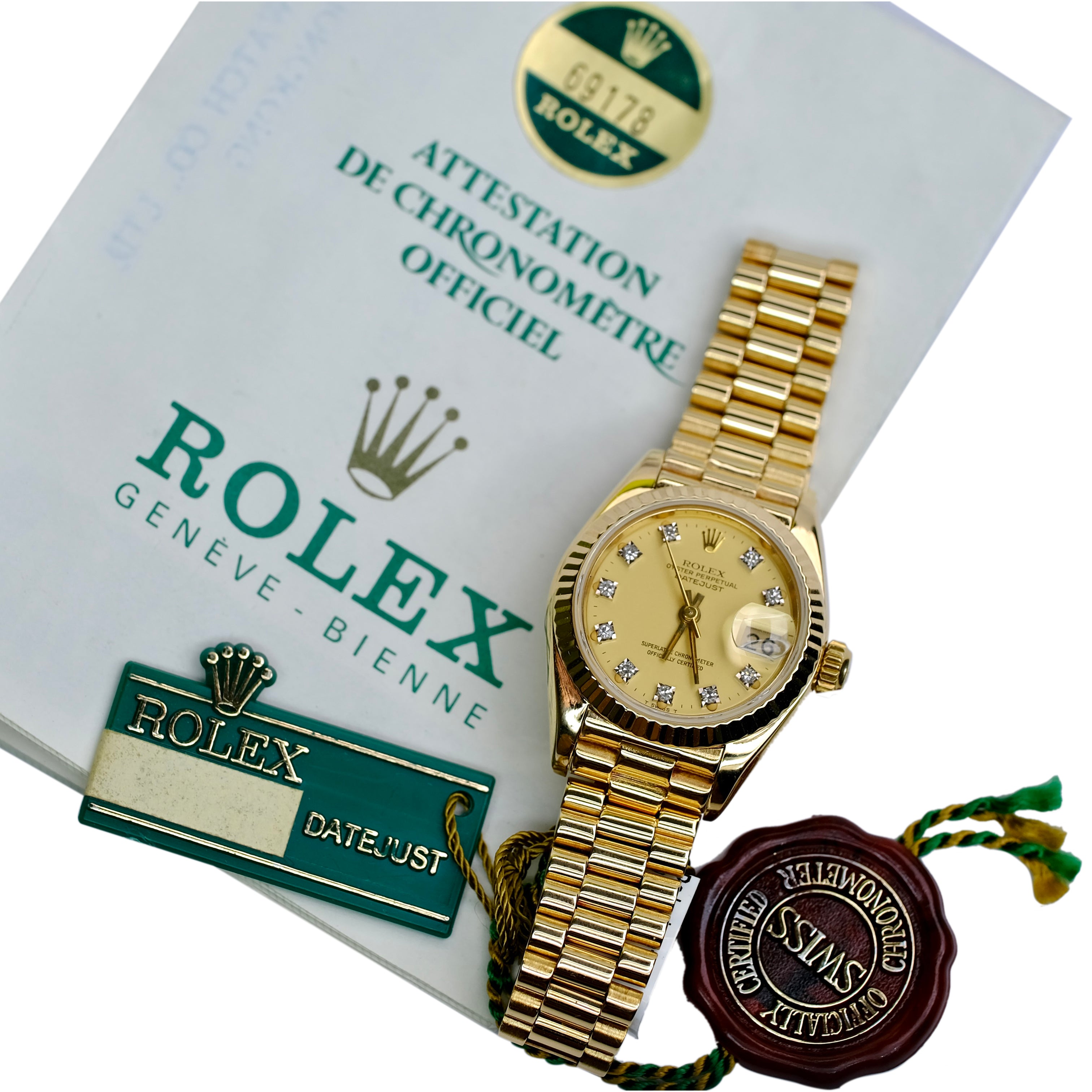 ROLEX DATEJUST CHAMPAGNE DIAMOND DIAL 18KY GOLD PRESIDENT 69178 BOX&PAPER - Luxuriant Concierge