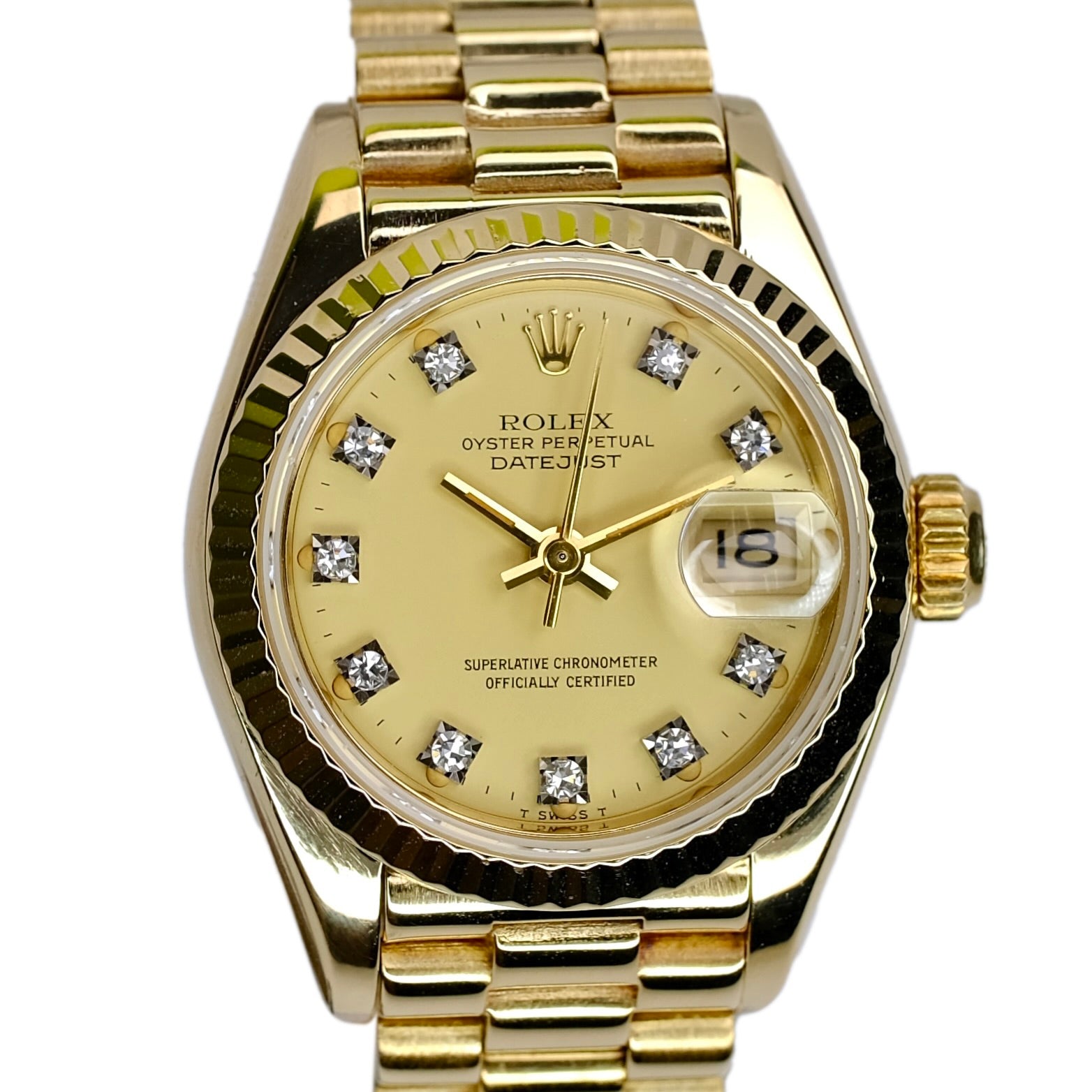 ROLEX DATEJUST CHAMPAGNE DIAMOND DIAL 18KY GOLD PRESIDENT 69178 BOX&PAPER - Luxuriant Concierge