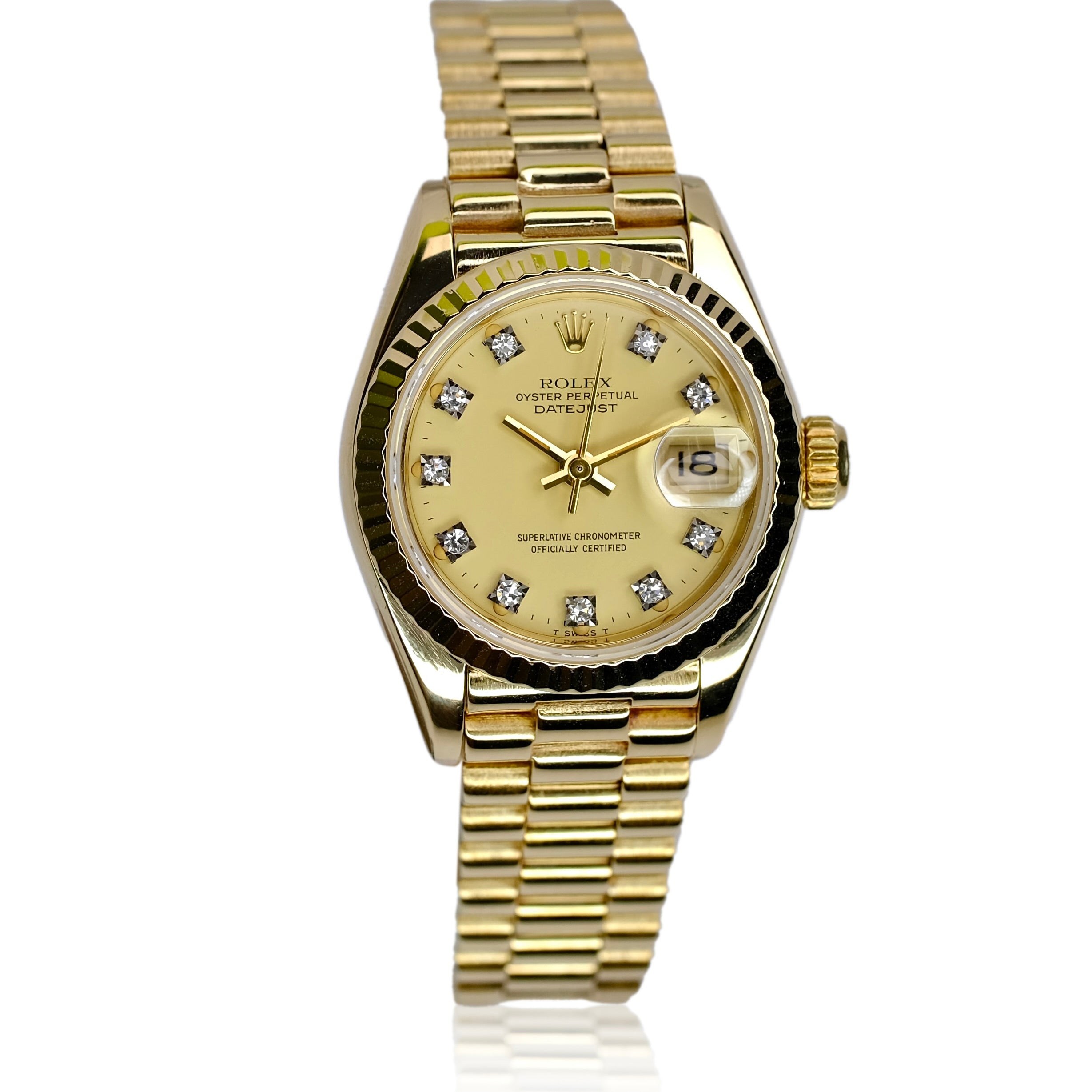 ROLEX DATEJUST CHAMPAGNE DIAMOND DIAL 18KY GOLD PRESIDENT 69178 BOX&PAPER - Luxuriant Concierge