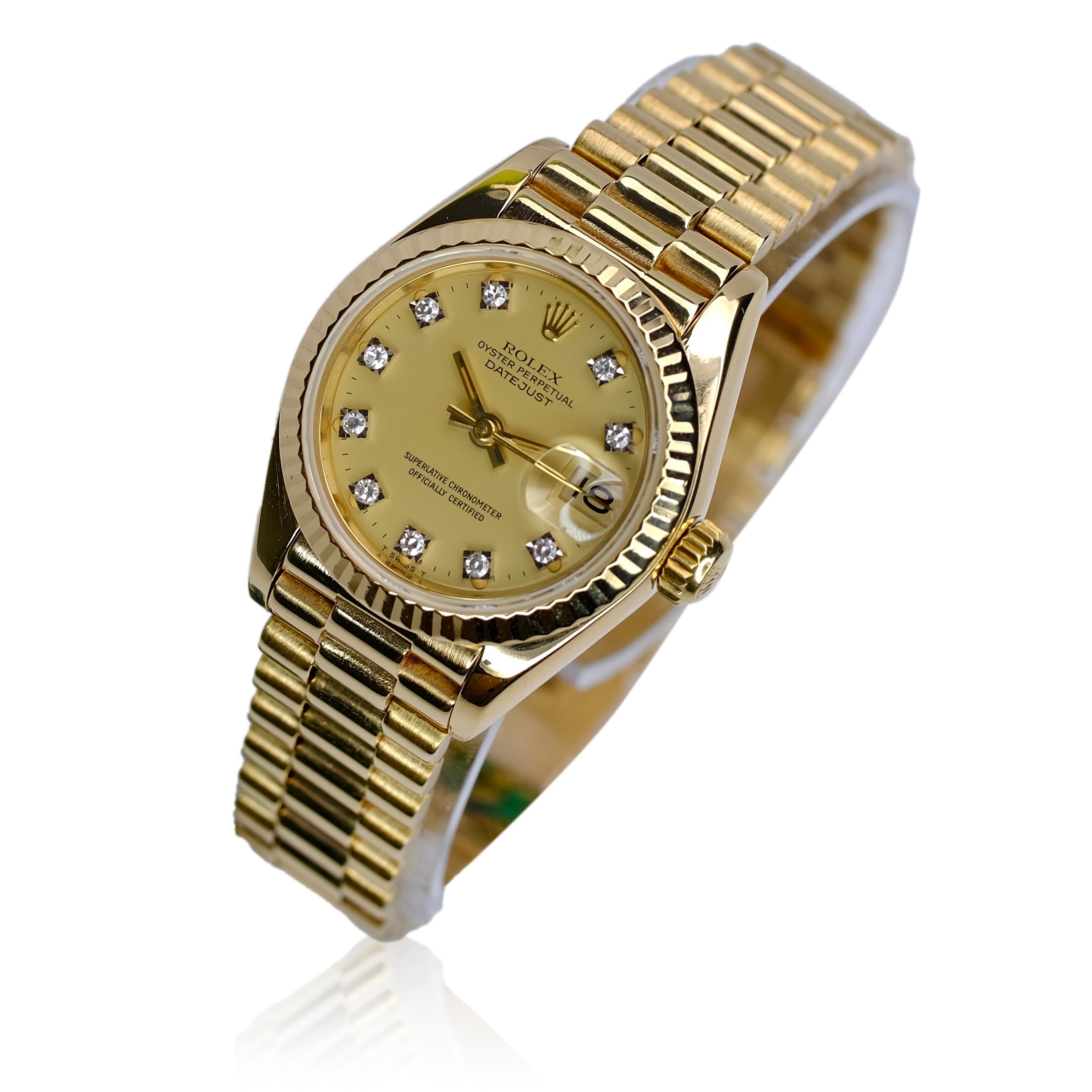 ROLEX DATEJUST CHAMPAGNE DIAMOND DIAL 18KY GOLD PRESIDENT 69178 BOX&PAPER - Luxuriant Concierge