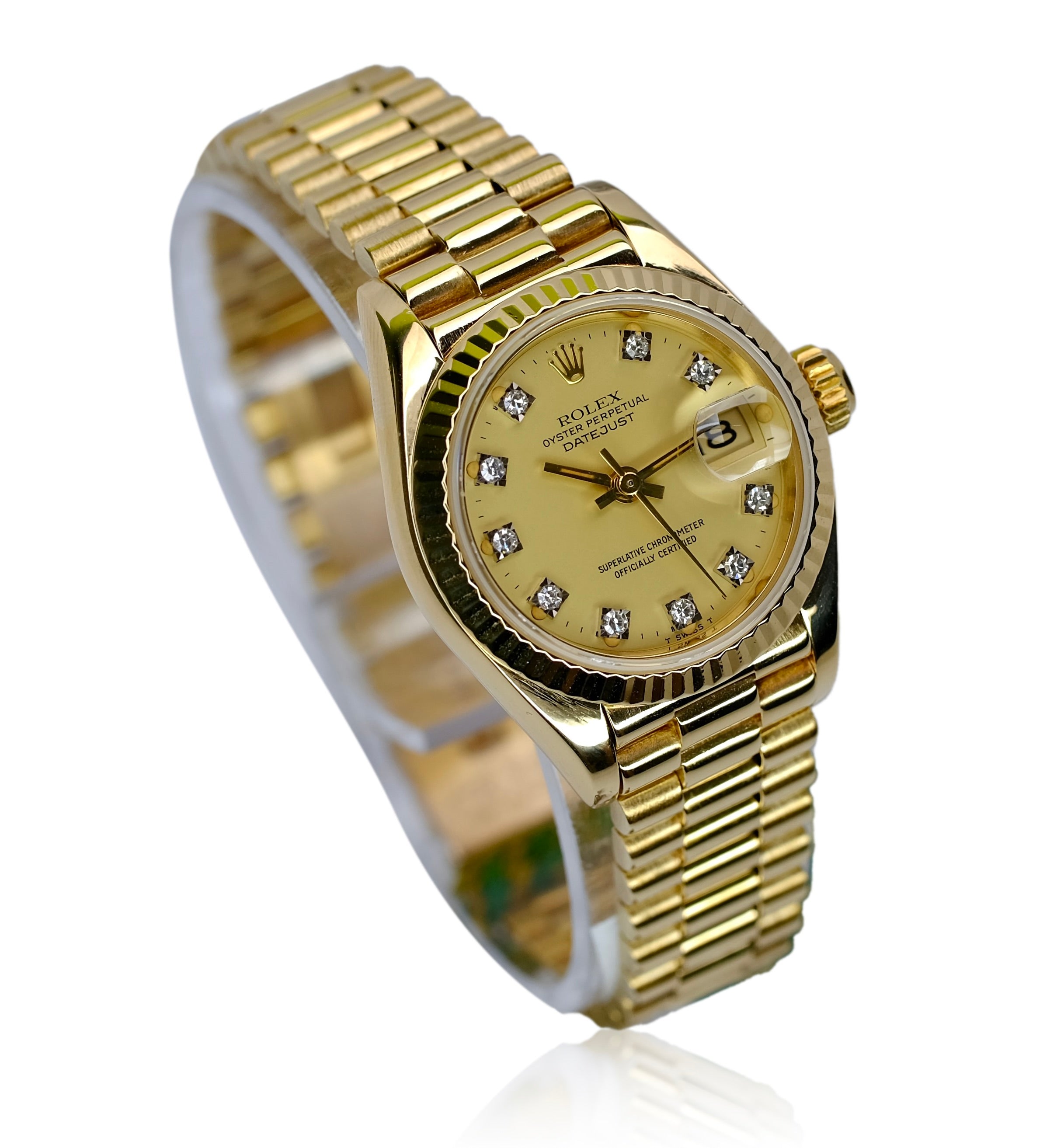 ROLEX DATEJUST CHAMPAGNE DIAMOND DIAL 18KY GOLD PRESIDENT 69178 BOX&PAPER - Luxuriant Concierge