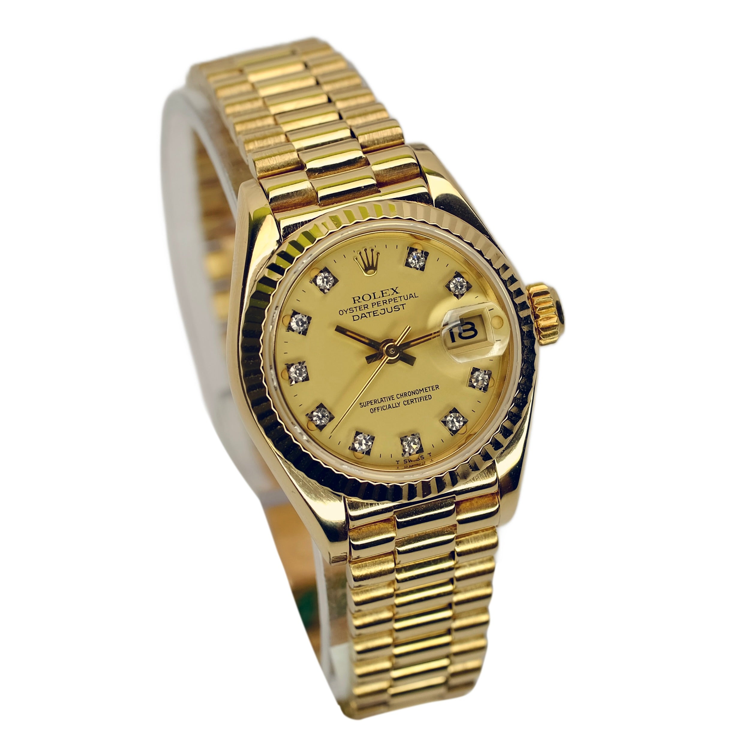 ROLEX DATEJUST CHAMPAGNE DIAMOND DIAL 18KY GOLD PRESIDENT 69178 BOX&PAPER - Luxuriant Concierge