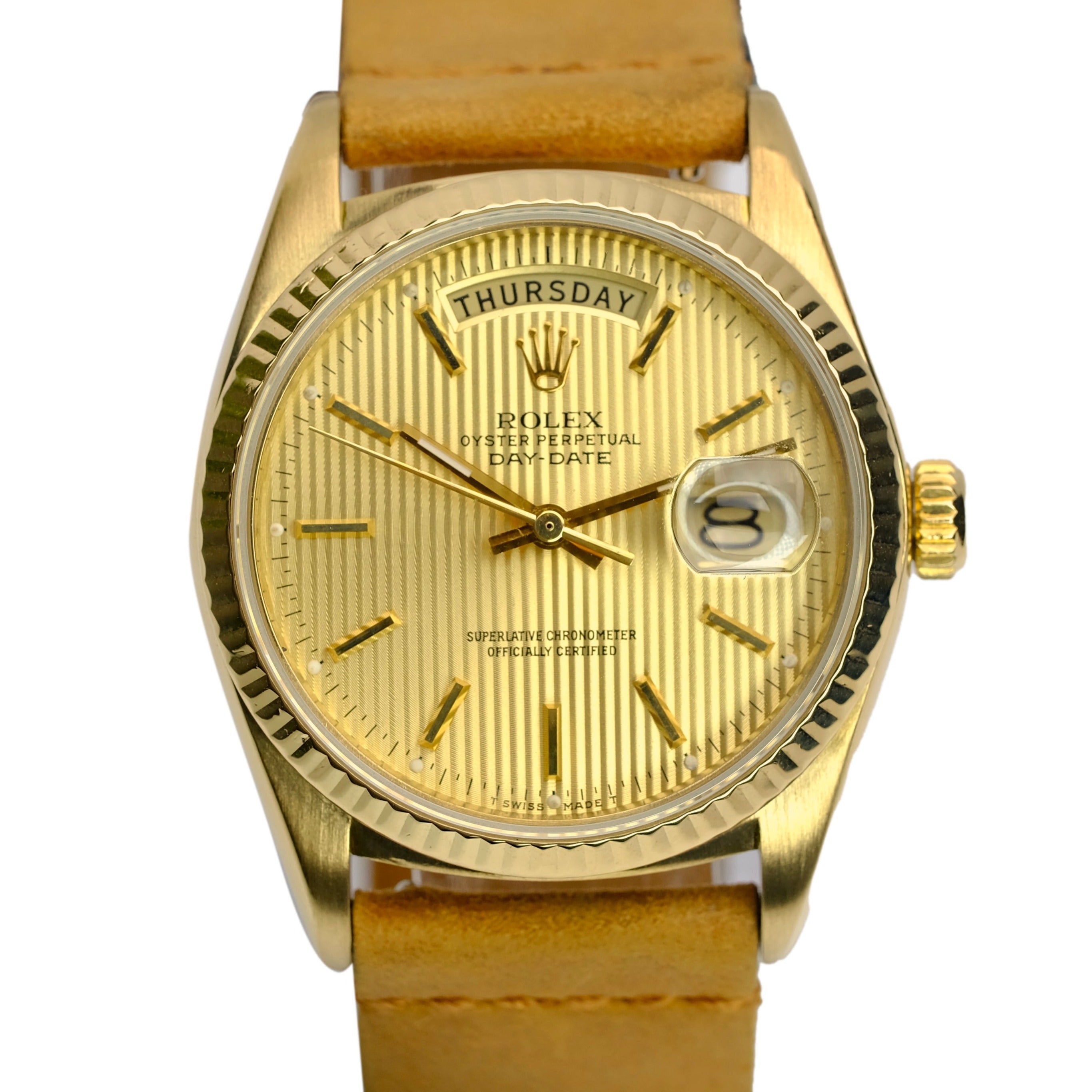 Rolex Day-Date Rolex Champagne Index Tapestry Dial 18KY Leather Band 18038 - Luxuriant Concierge