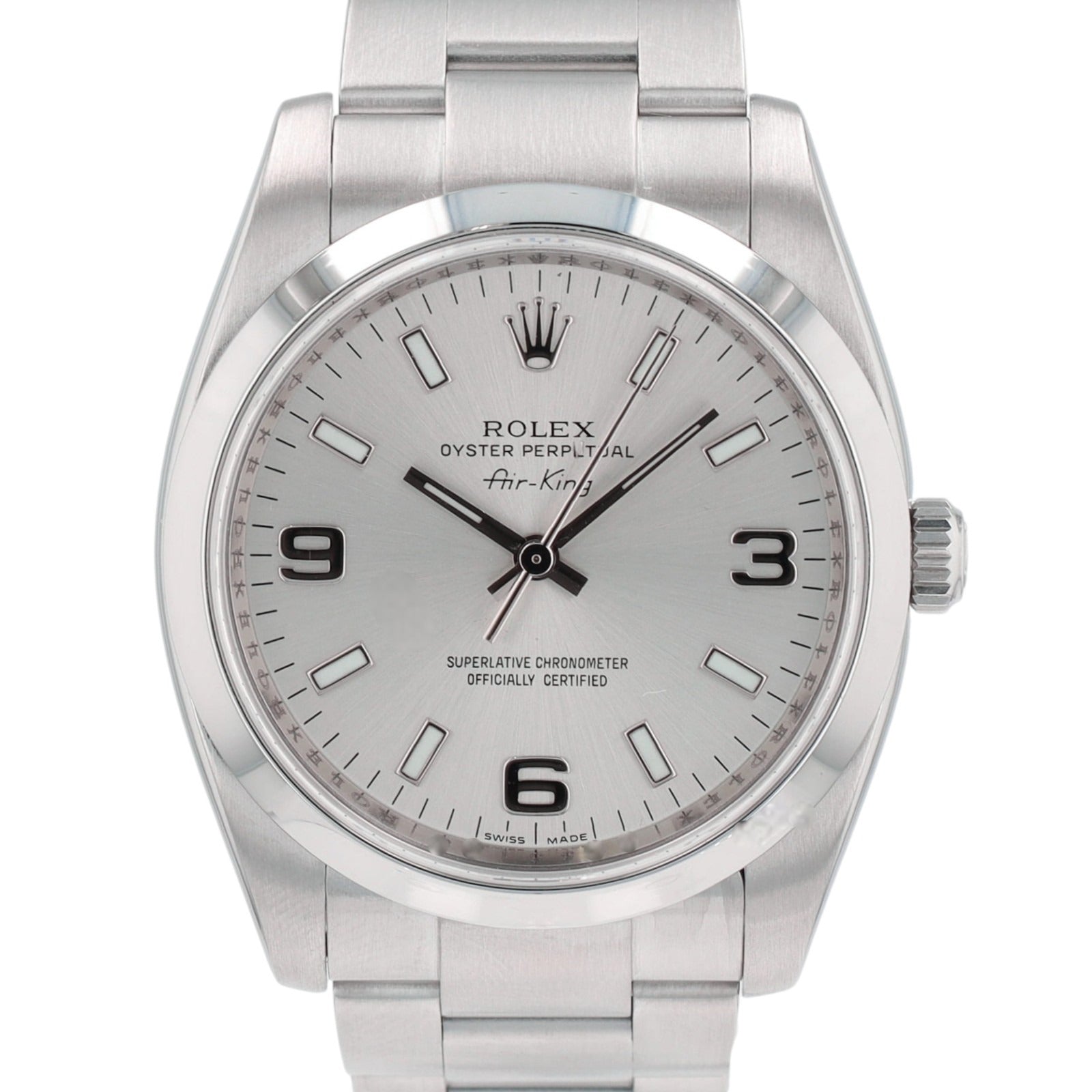 ROLEX Air-King 114200 Silver Index Arabic Dial Smooth Bezel Oyster Band Watch - Luxuriant Concierge
