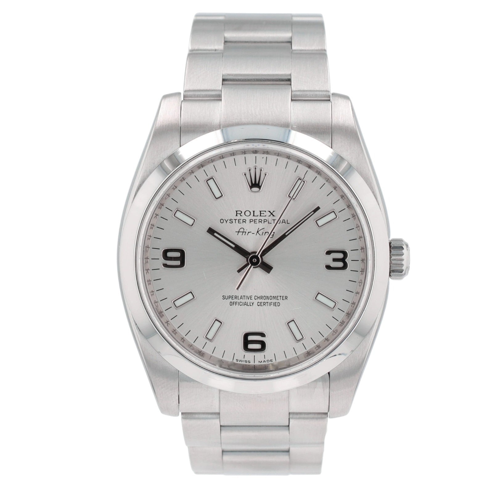 ROLEX Air-King 114200 Silver Index Arabic Dial Smooth Bezel Oyster Band Watch - Luxuriant Concierge