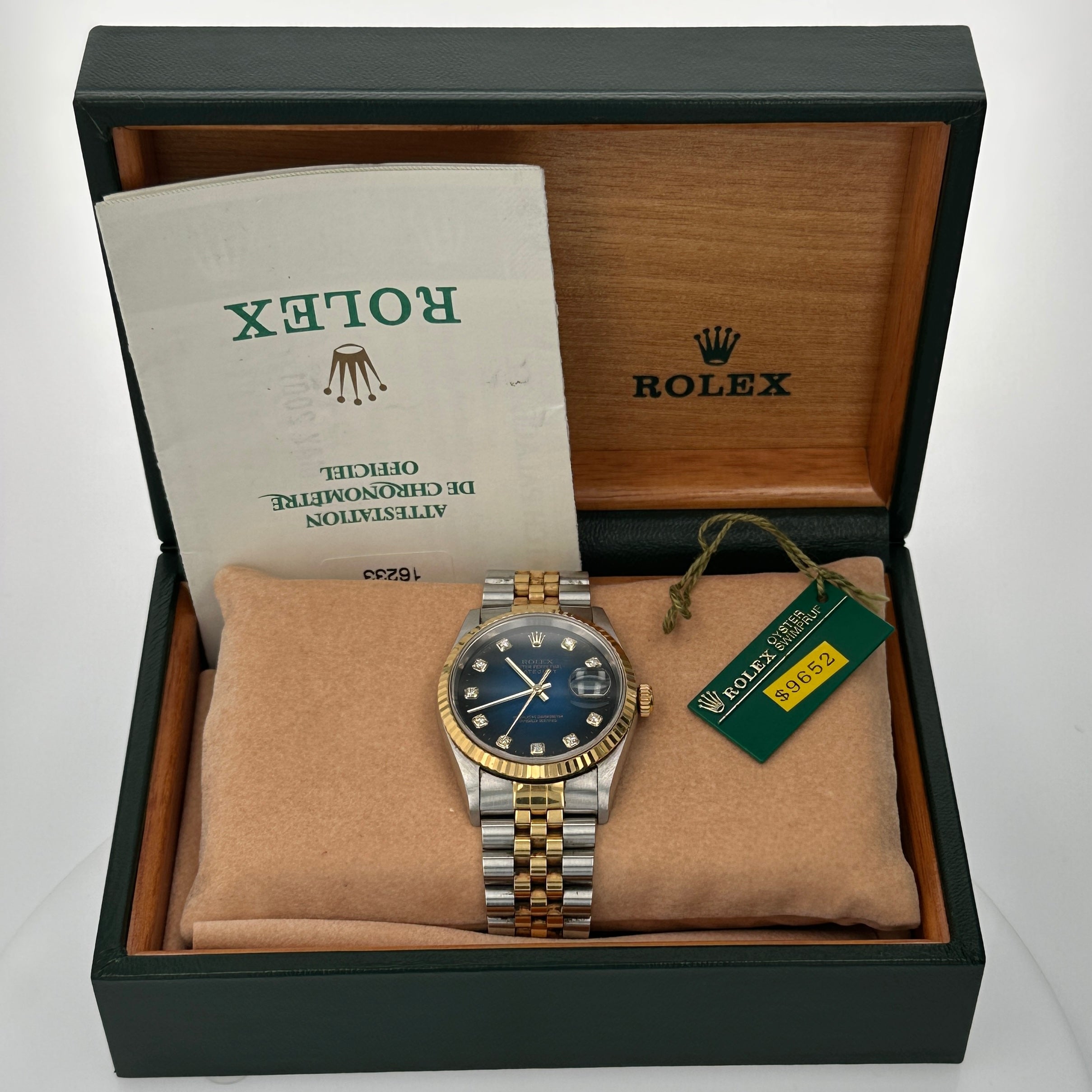 B&P Rolex Datejust 16233 36mm Blue Vignette Diamond (N.S) Dial Fluted Bezel Jubilee Band - Luxuriant Concierge