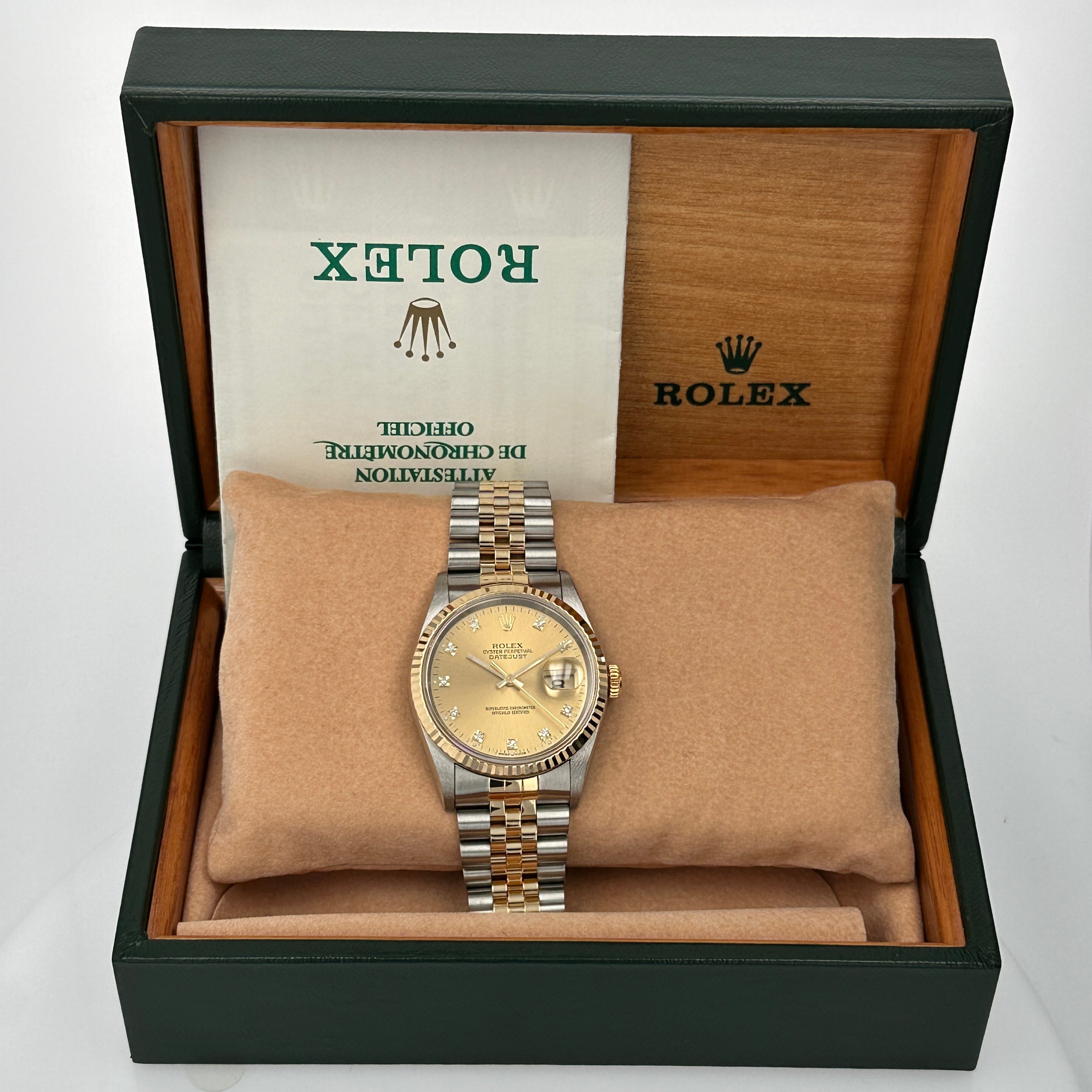 Rolex Datejust 16233 36mm Champagne Diamond OS Dial Fluted Bezel Jubilee Band - Luxuriant Concierge