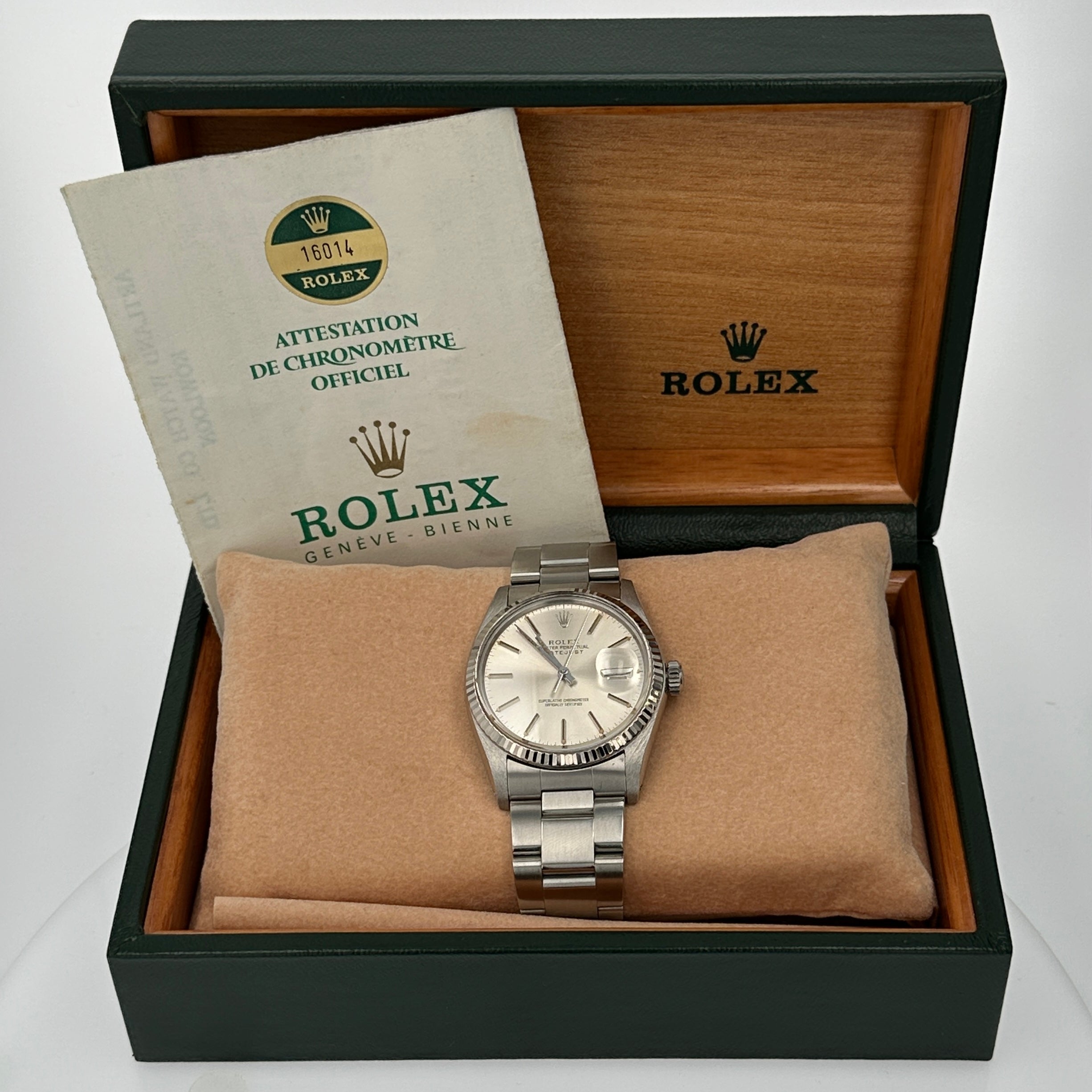 B&P Rolex Datejust 16014 36mm Silver Index Dial Fluted Bezel Oyster Band - Luxuriant Concierge