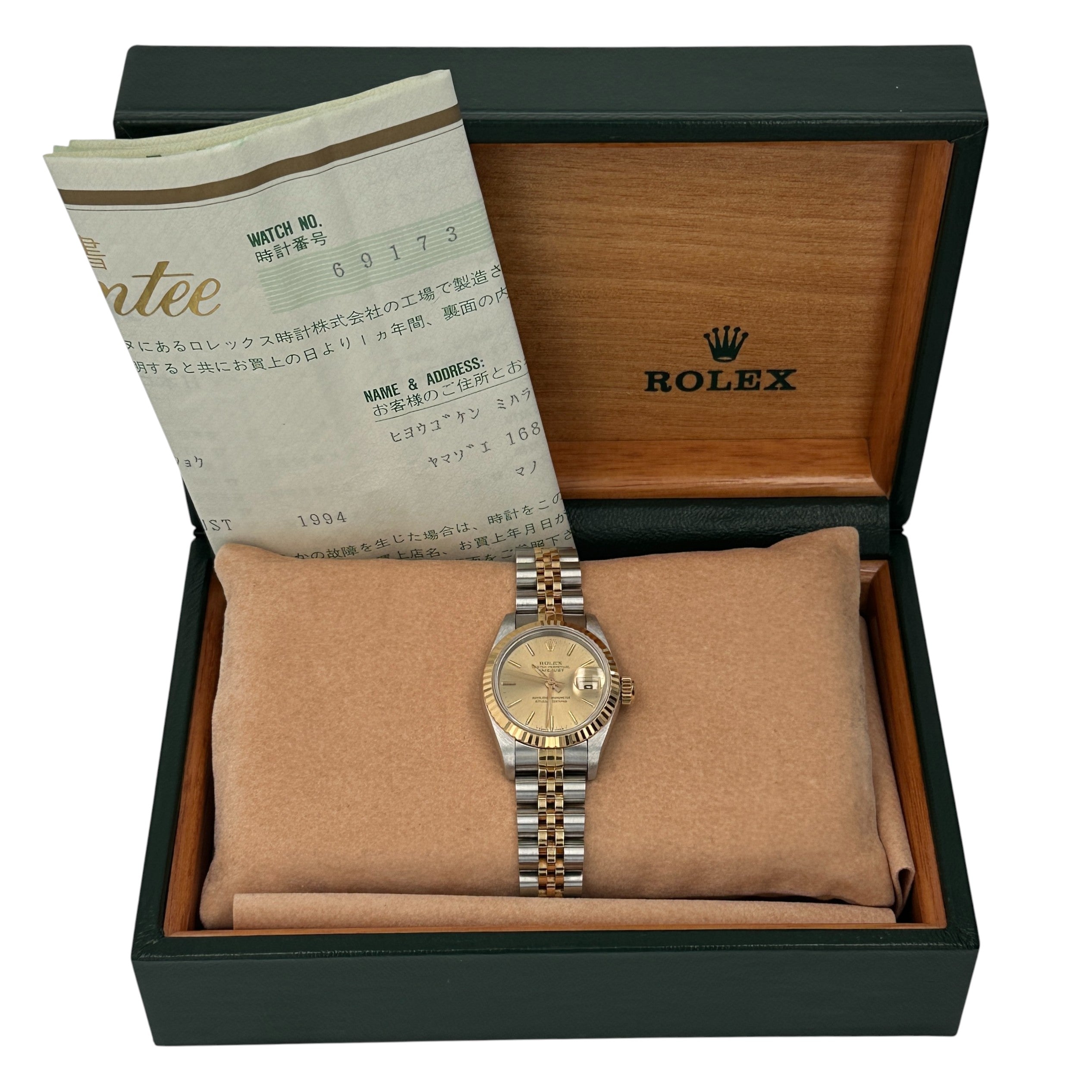 B&P Rolex Datejust  69173 26mm Champagne Index Dial Fluted Bezel Jubilee Band