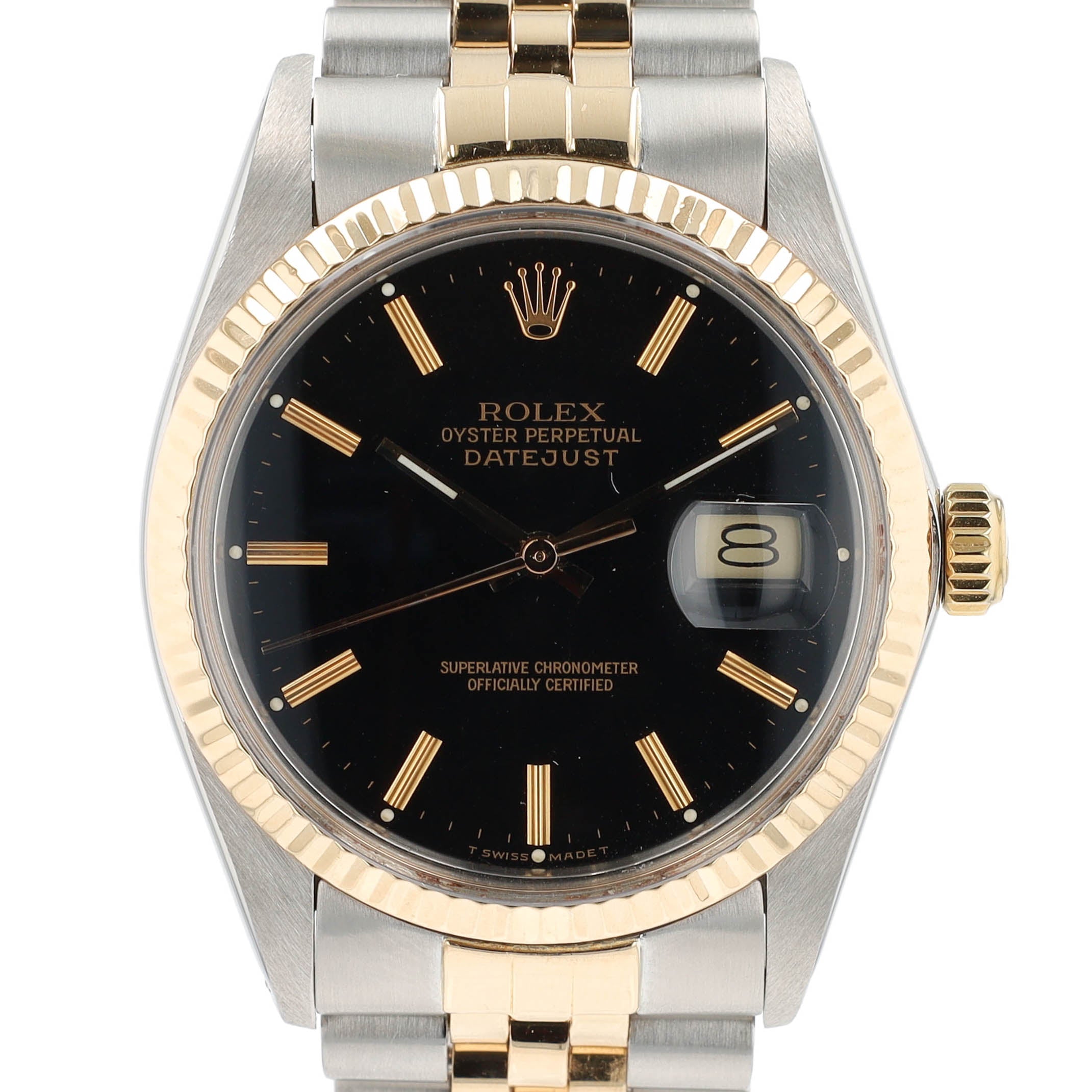 Rolex Datejust 16013 36mm Black Index Dial 18K Yellow Gold Bezel Jubilee Band