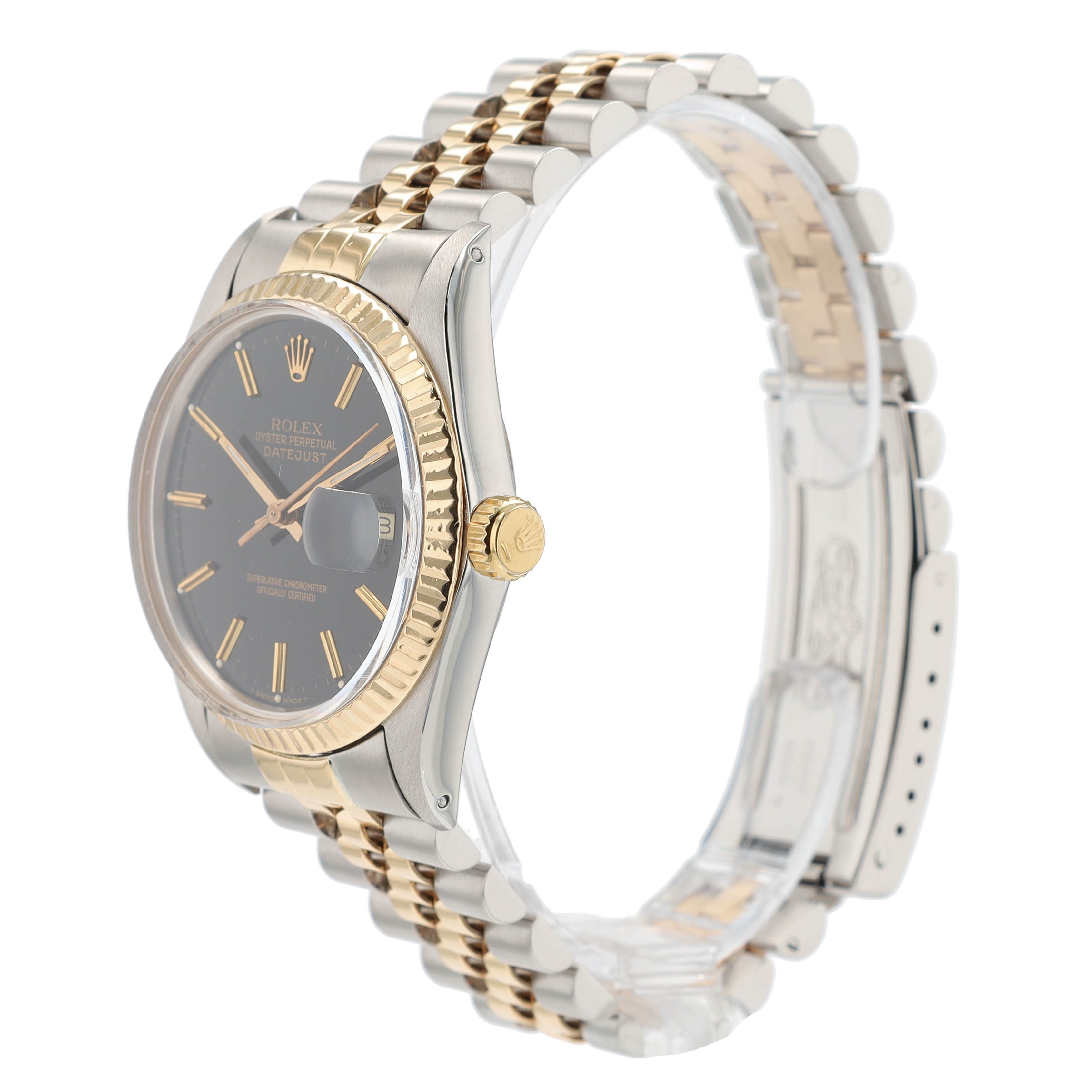 Rolex Datejust 16013 36mm Black Index Dial 18K Yellow Gold Bezel Jubilee Band