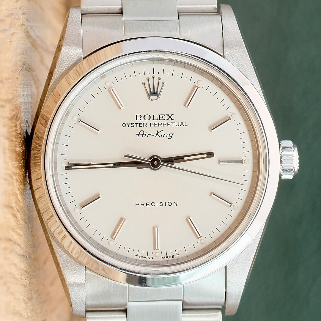 ROLEX AIR-KING WHITE INDEX ROMAN OYSTER BAND 14000 - Luxuriant Concierge