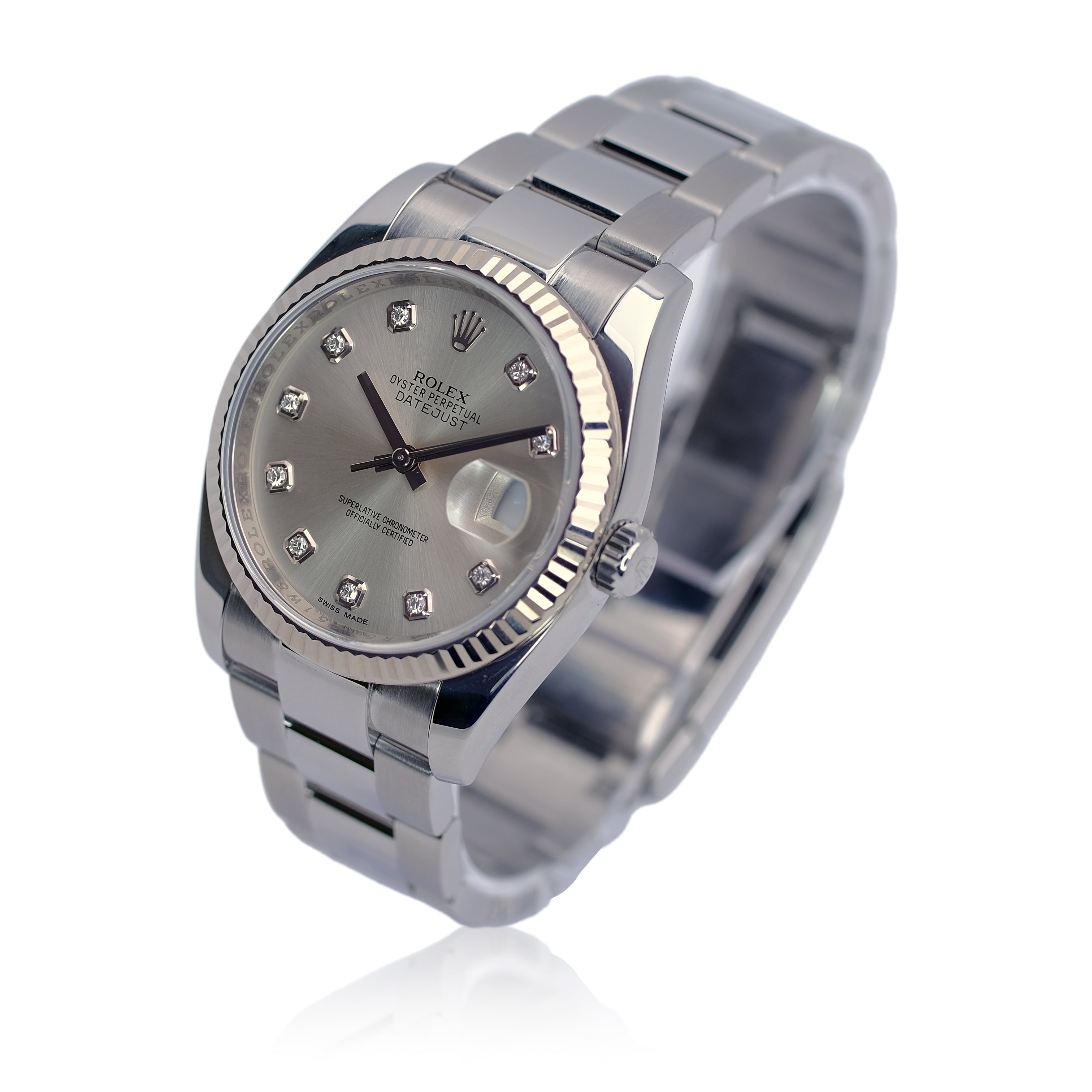 Rolex Datejust Silver Diamond Dial Steel Oyster Watch 116234 - Luxuriant Concierge