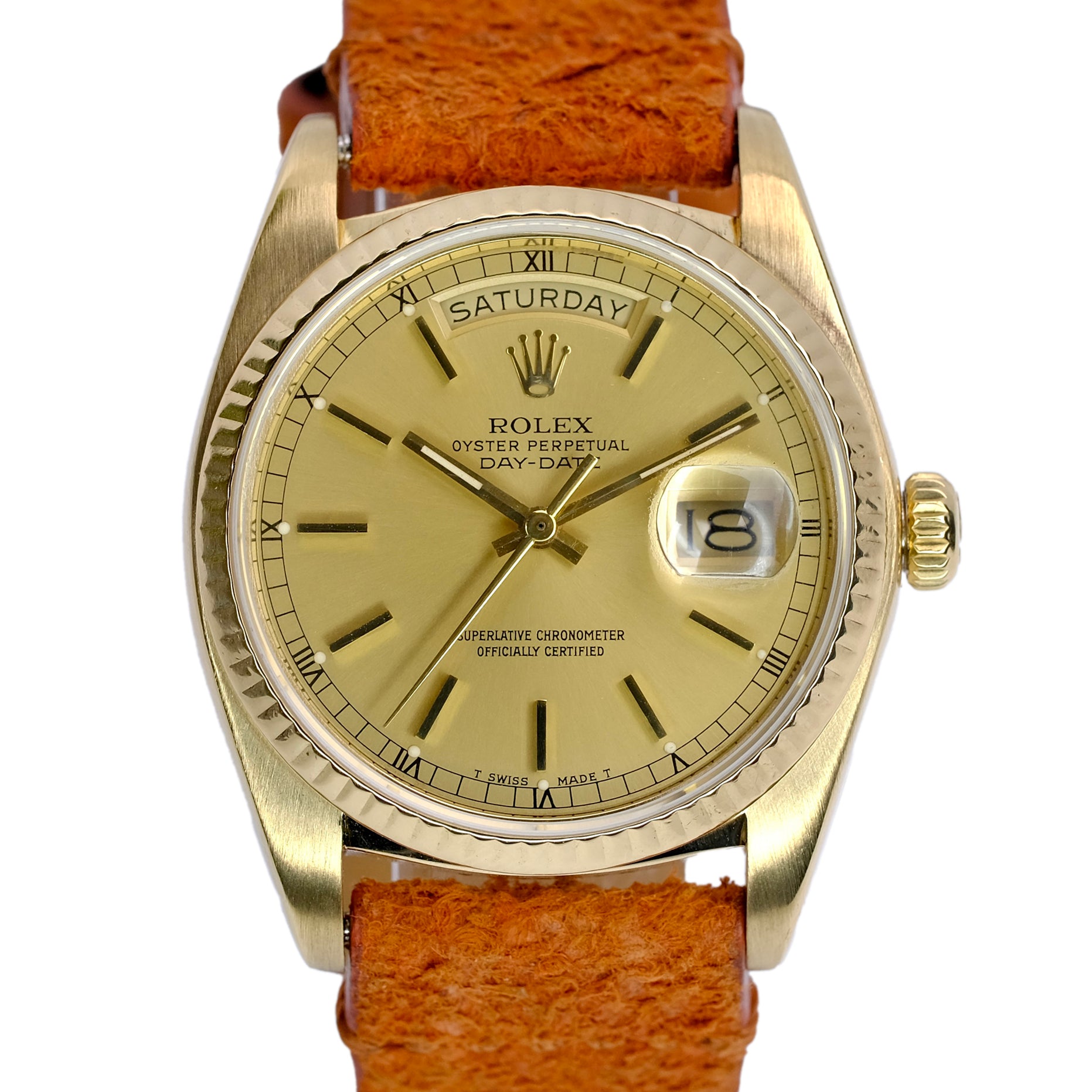 Rolex Day-Date Rolex Champagne Index Dial 18KY Orange Leather Band 18038 - Luxuriant Concierge