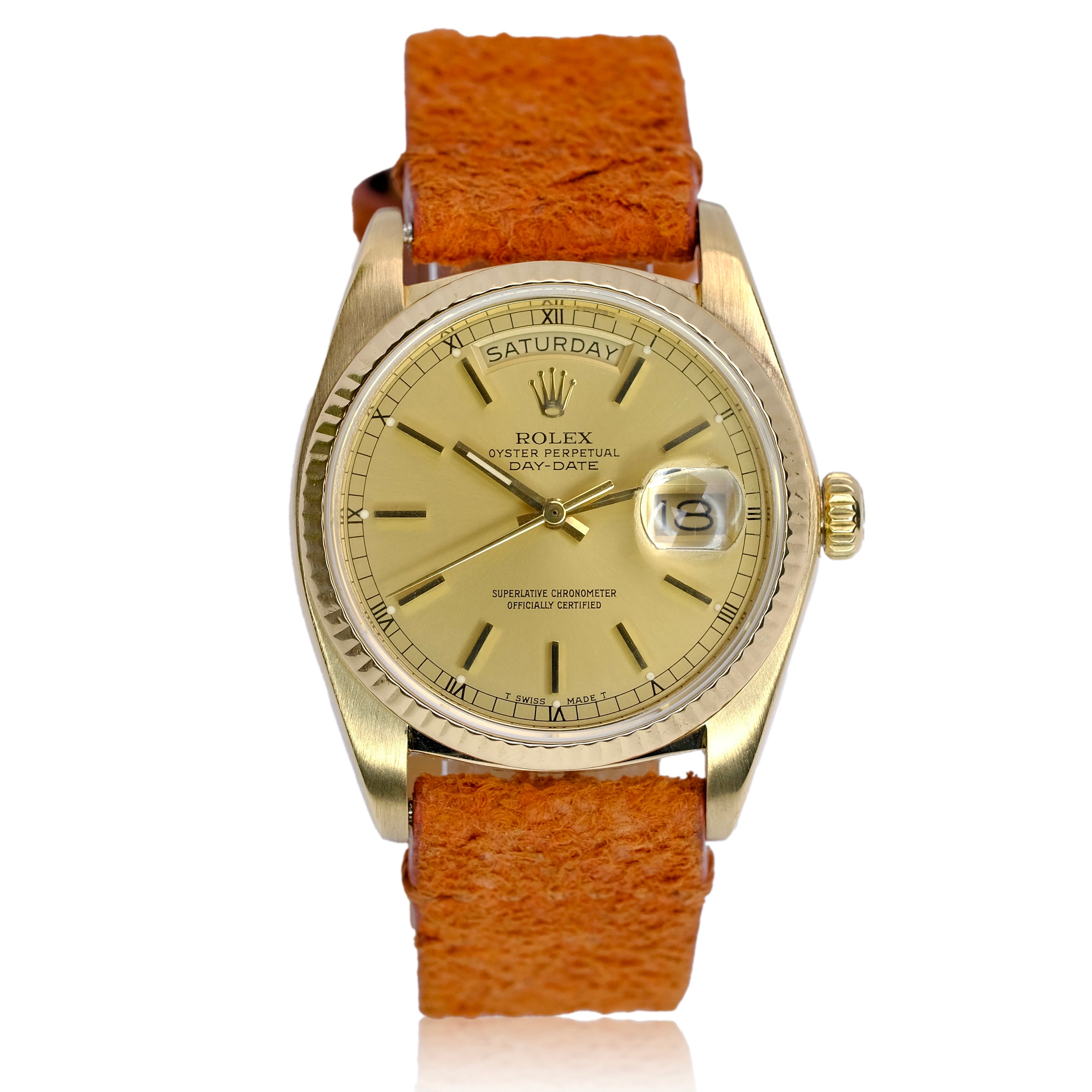 Rolex Day-Date Rolex Champagne Index Dial 18KY Orange Leather Band 18038 - Luxuriant Concierge