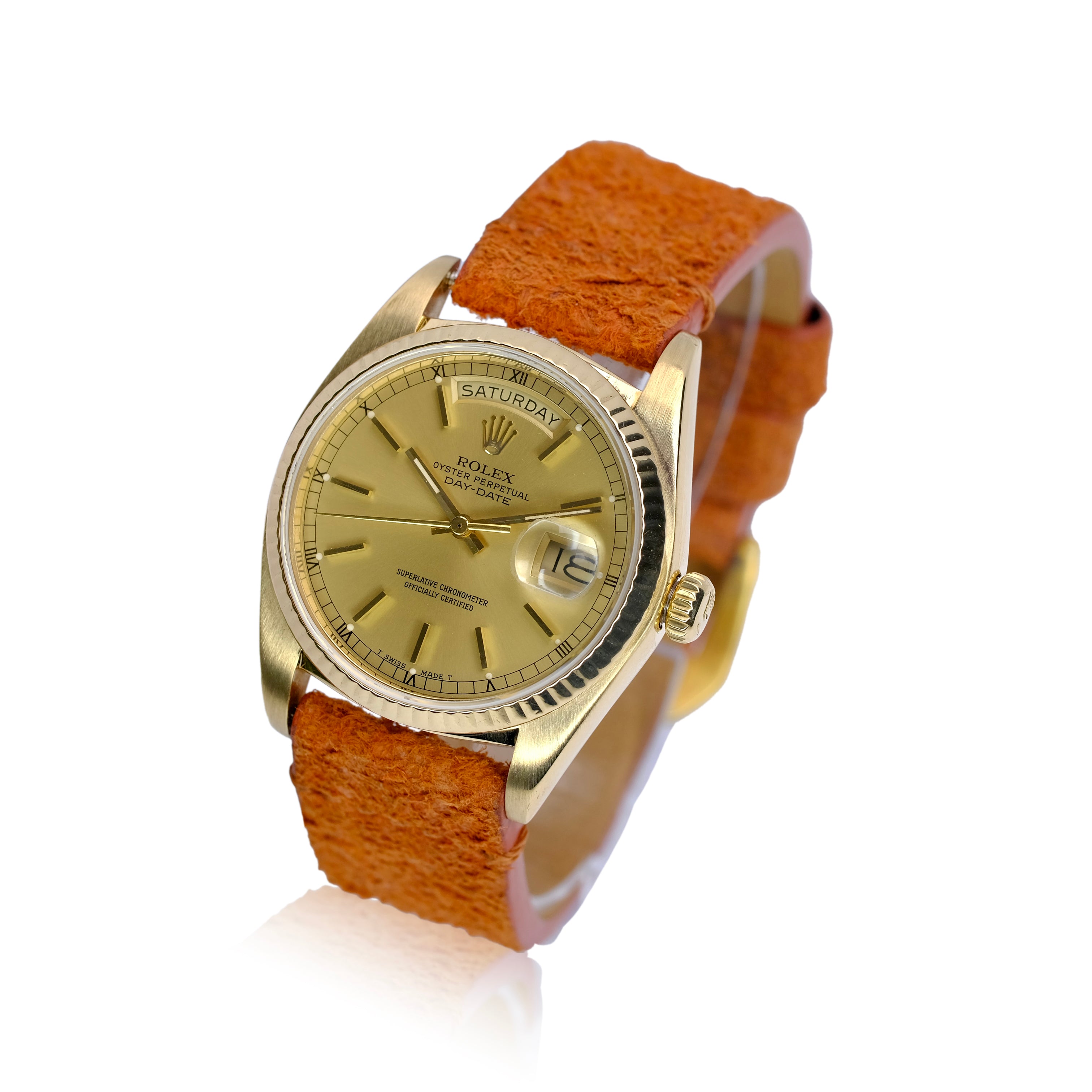 Rolex Day-Date Rolex Champagne Index Dial 18KY Orange Leather Band 18038 - Luxuriant Concierge