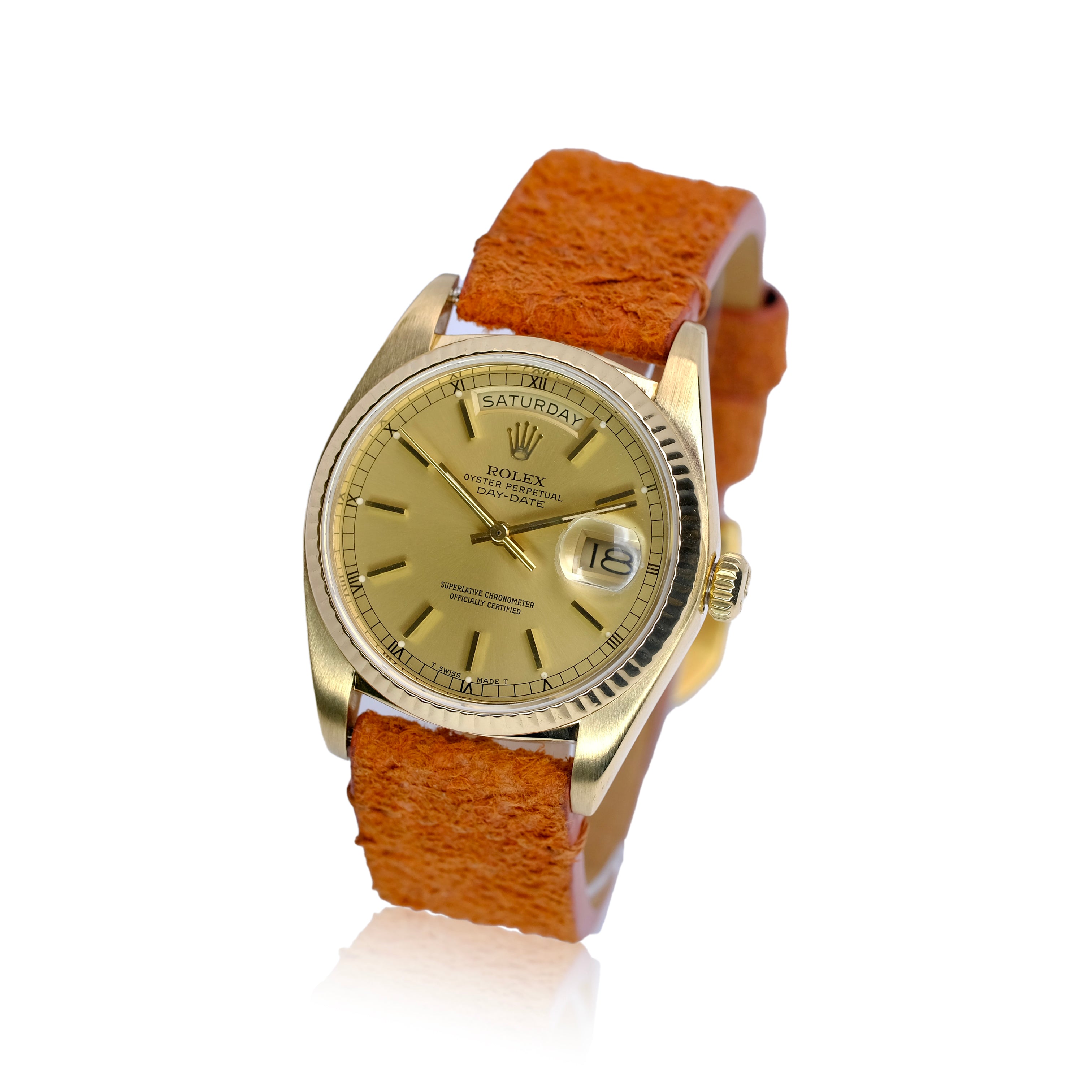 Rolex Day-Date Rolex Champagne Index Dial 18KY Orange Leather Band 18038 - Luxuriant Concierge