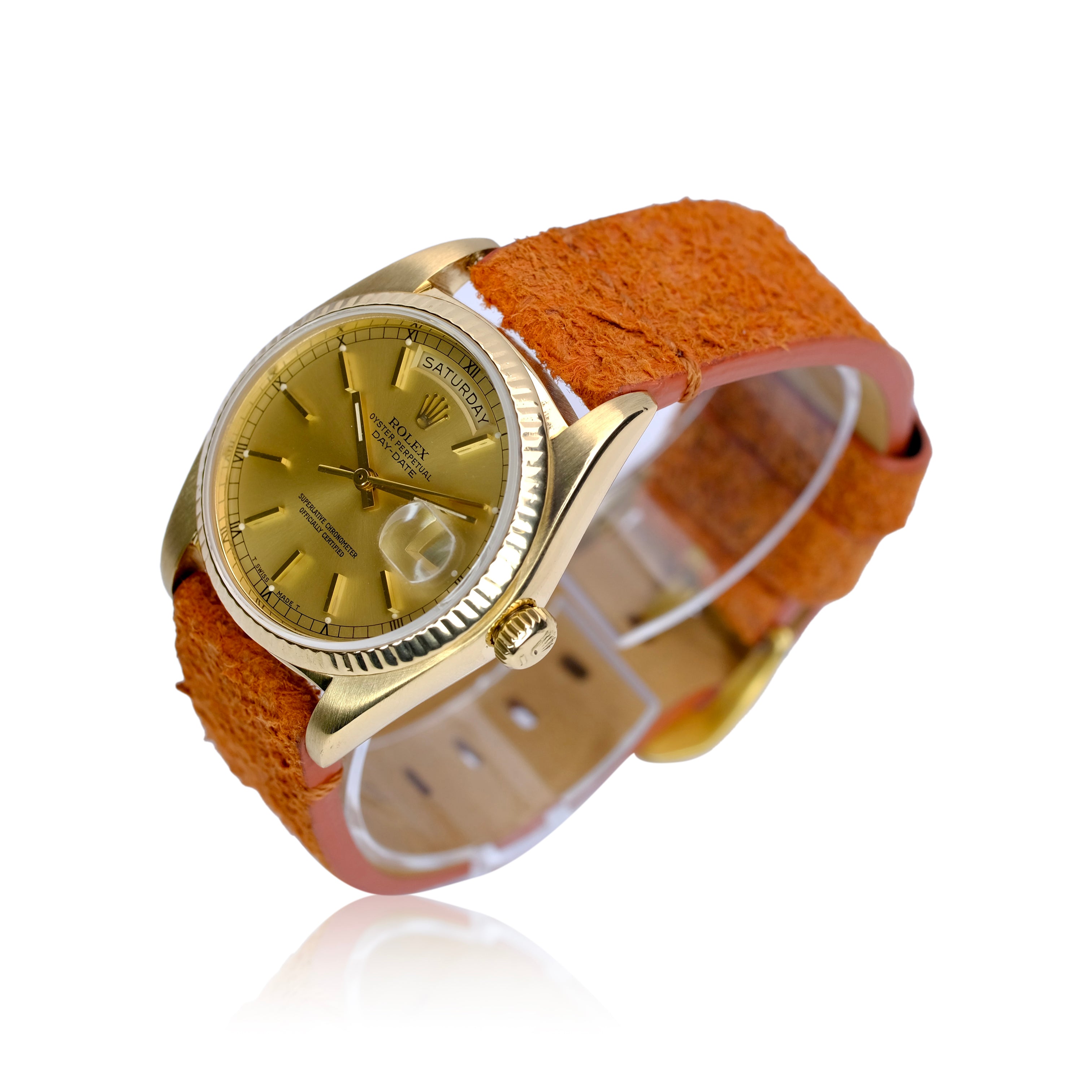 Rolex Day-Date Rolex Champagne Index Dial 18KY Orange Leather Band 18038 - Luxuriant Concierge