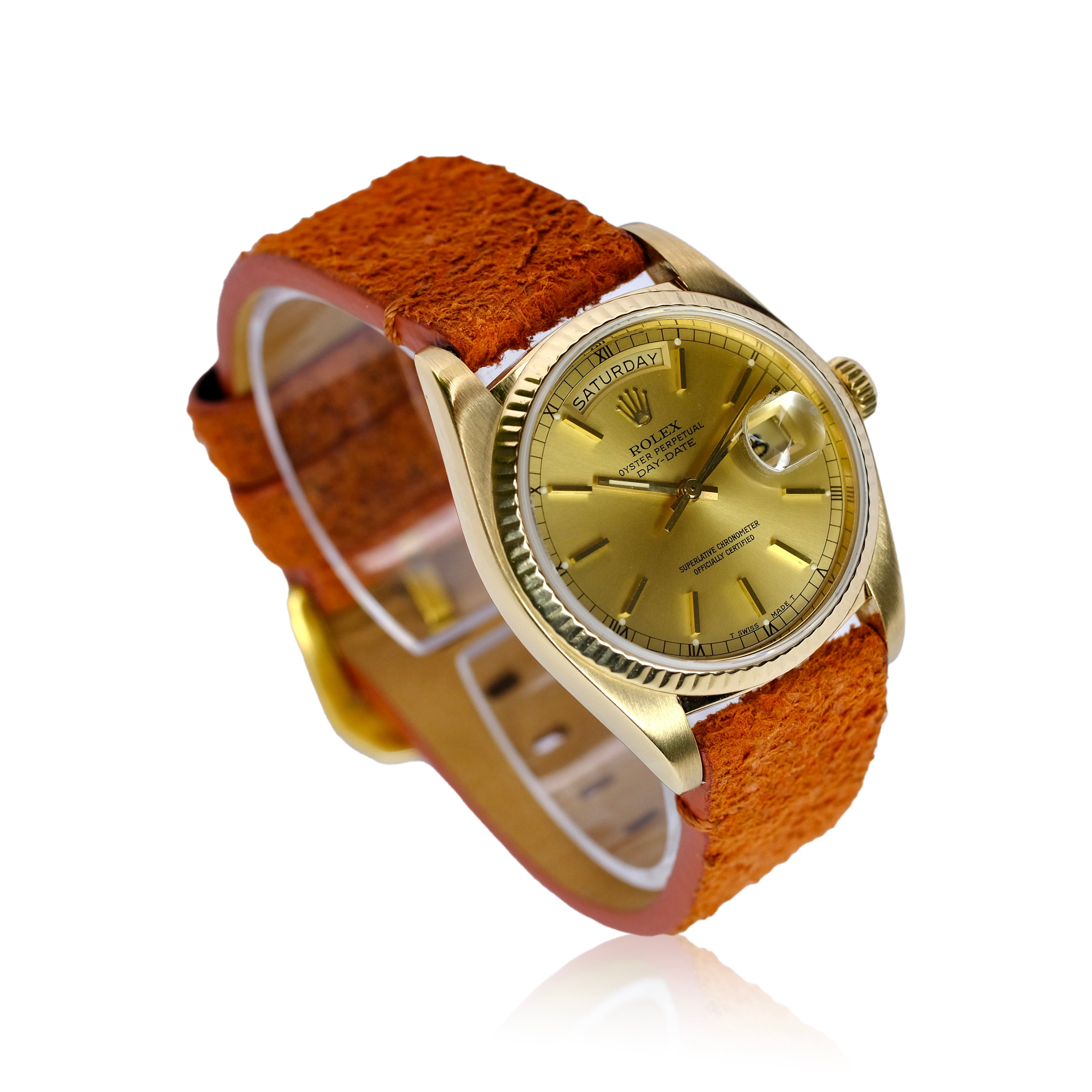 Rolex Day-Date Rolex Champagne Index Dial 18KY Orange Leather Band 18038 - Luxuriant Concierge