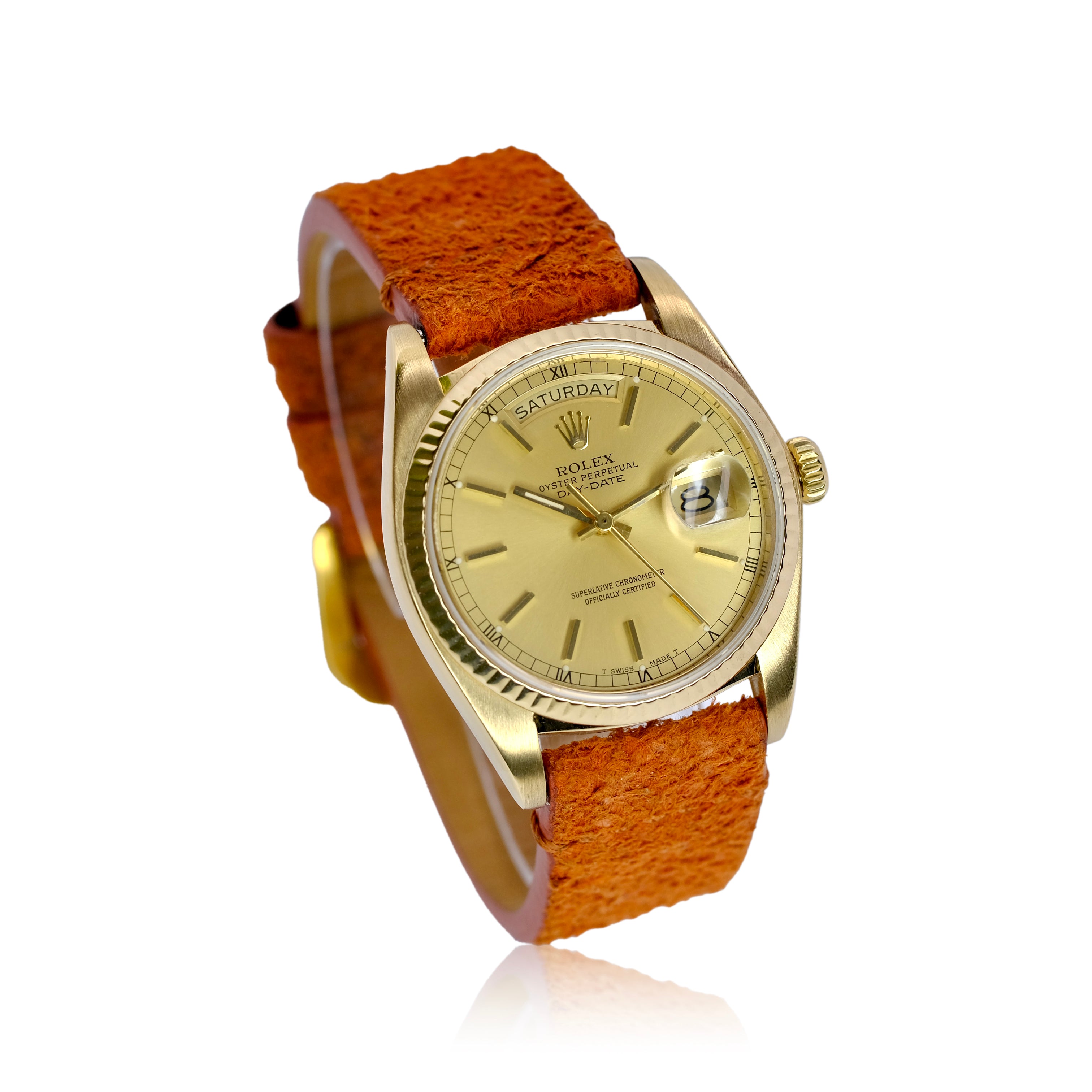 Rolex Day-Date Rolex Champagne Index Dial 18KY Orange Leather Band 18038 - Luxuriant Concierge