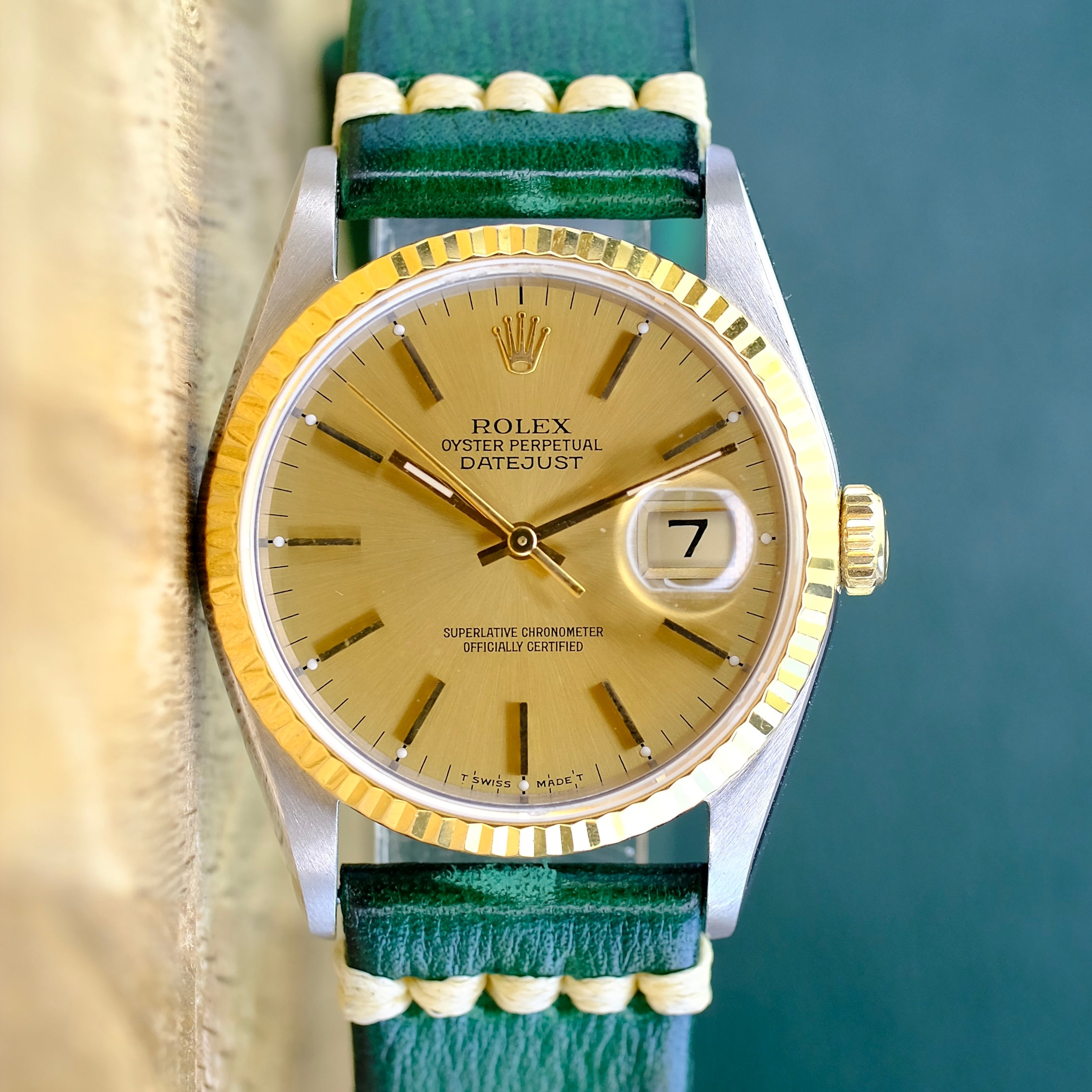 ROLEX DATEJUST CHAMPAGNE INDEX DIAL GREEN LEATHER WATCH 16233 - Luxuriant Concierge