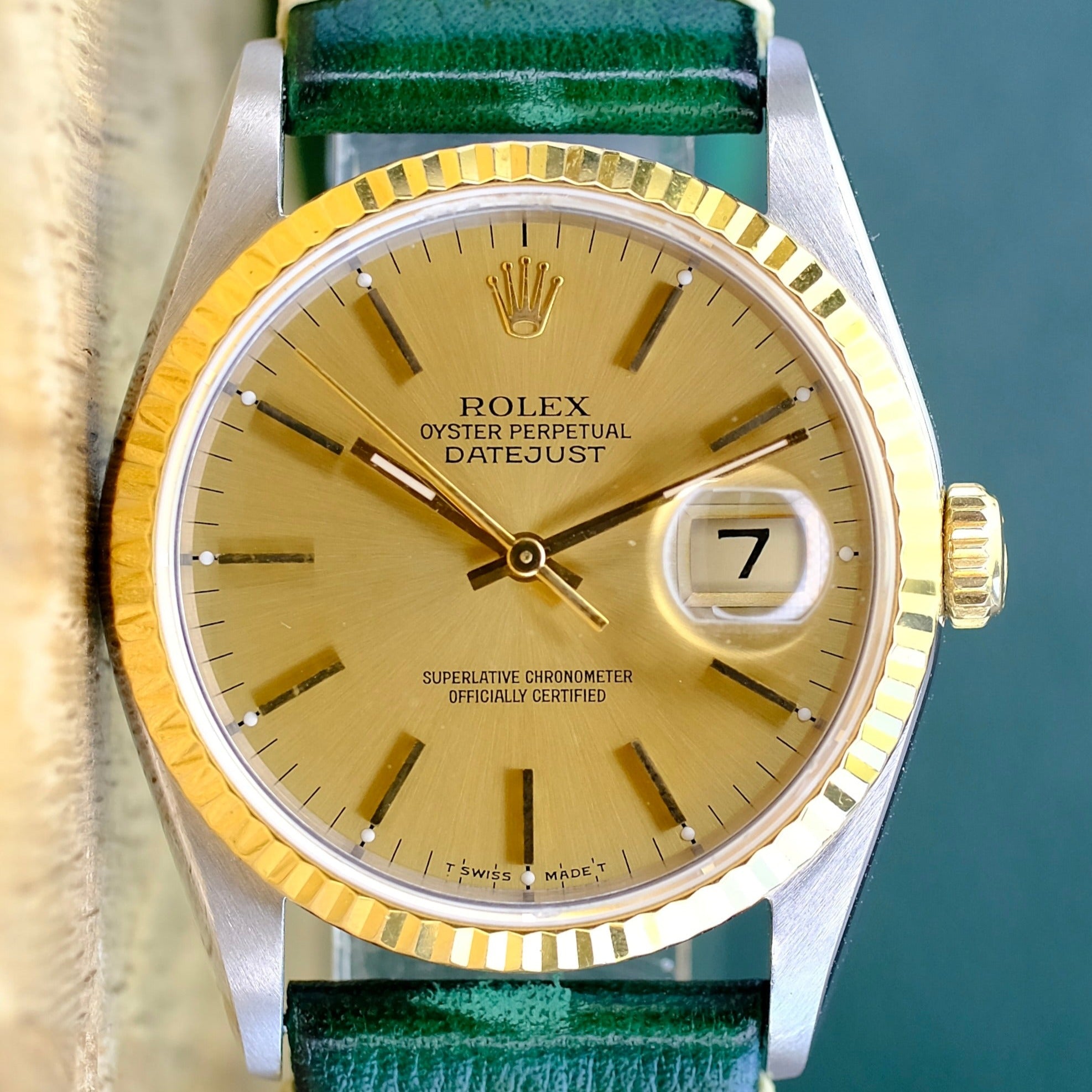 ROLEX DATEJUST CHAMPAGNE INDEX DIAL GREEN LEATHER WATCH 16233 - Luxuriant Concierge