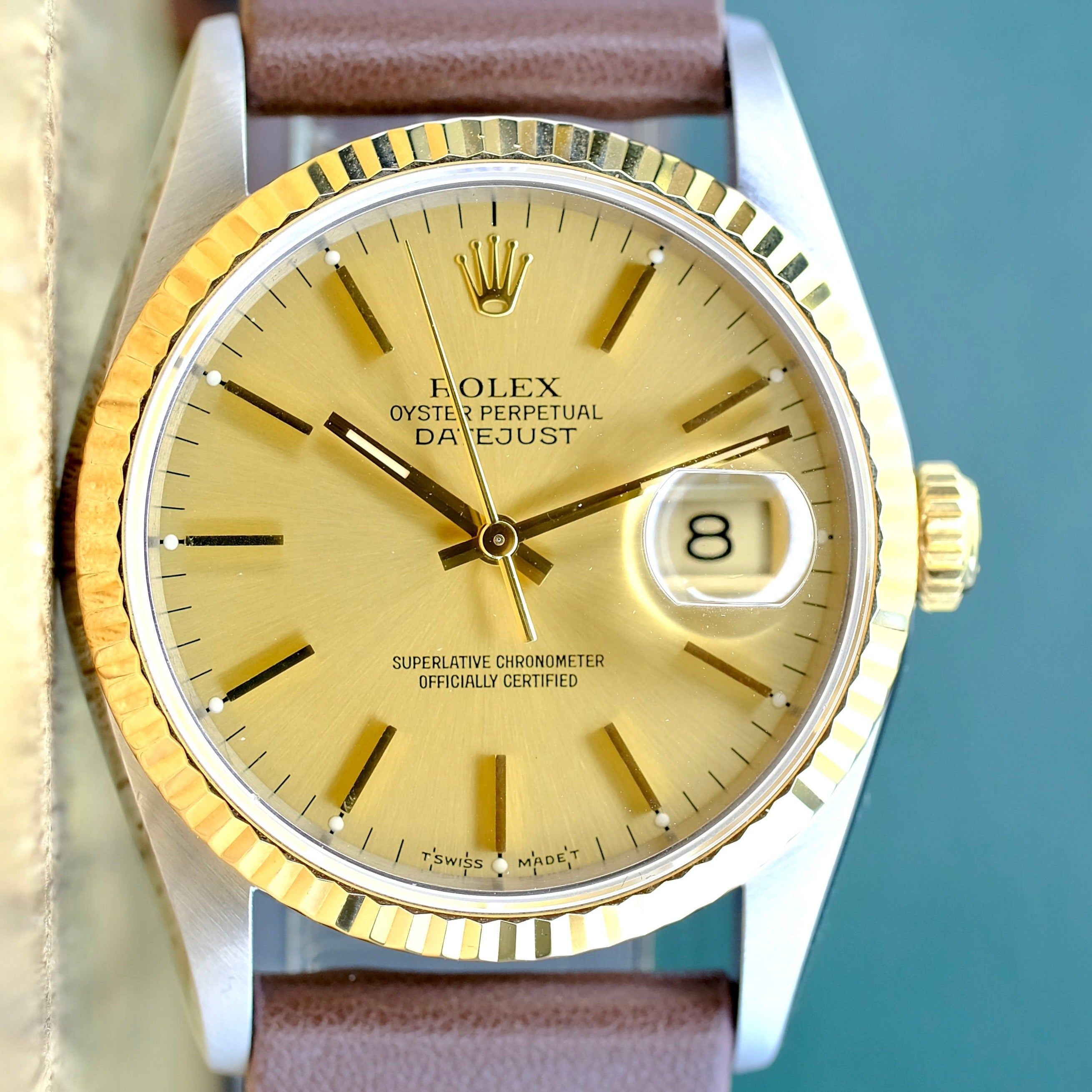 ROLEX DATEJUST CHAMPAGNE INDEX DIAL DARK BROWN LEATHER WATCH 16233 - Luxuriant Concierge