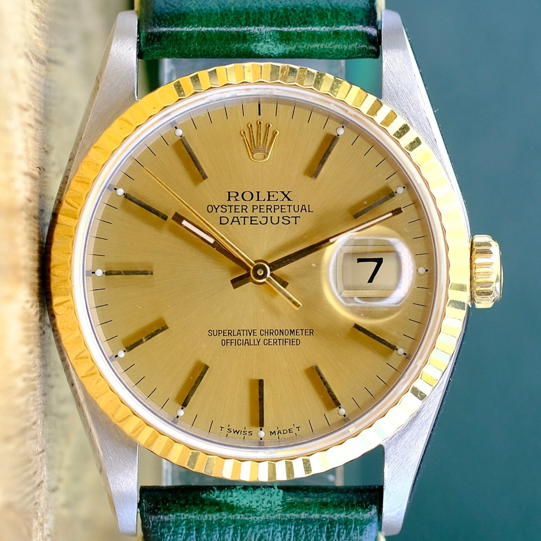ROLEX DATEJUST CHAMPAGNE INDEX DIAL GREEN LEATHER WATCH 16233 BOX&PAPER - Luxuriant Concierge