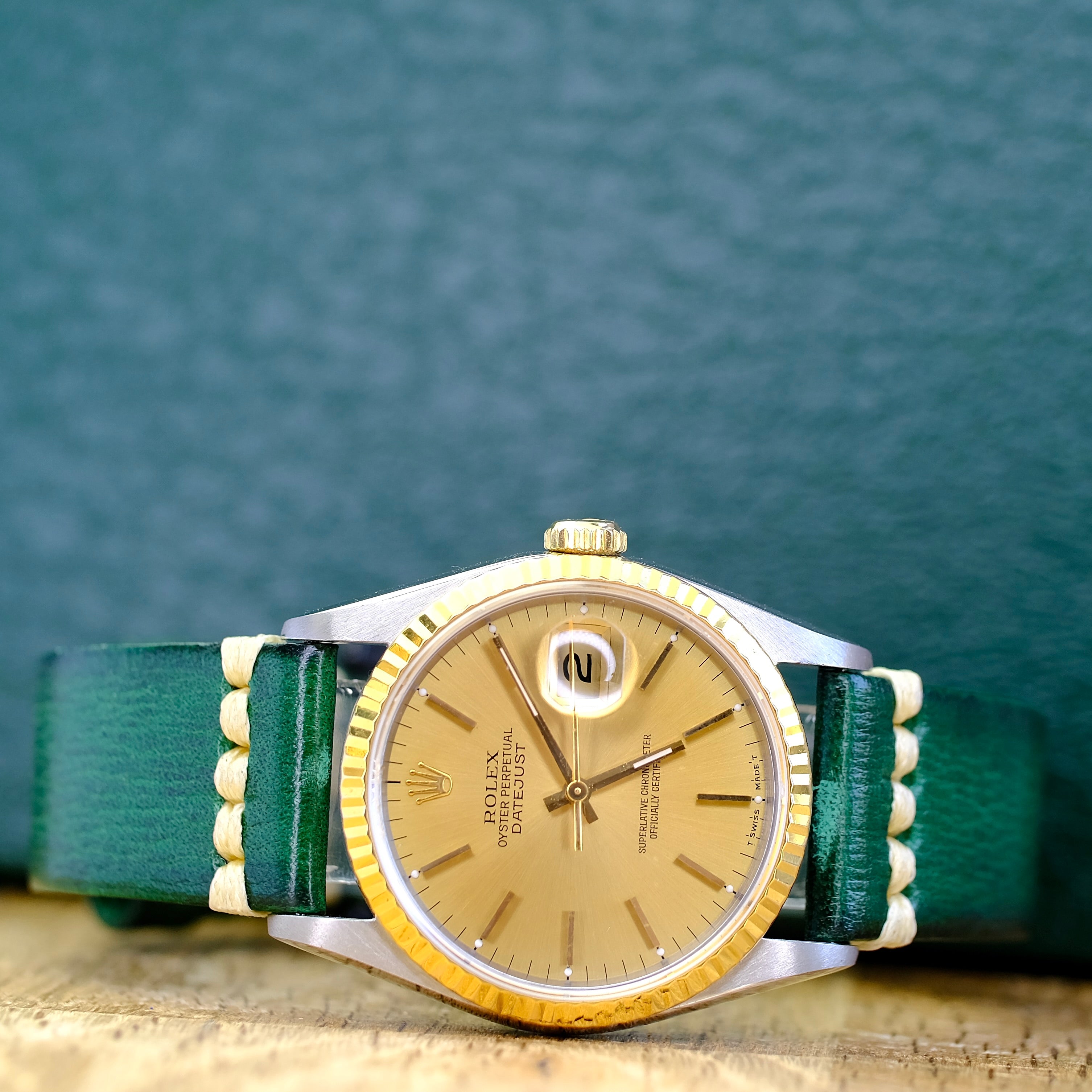 ROLEX DATEJUST CHAMPAGNE INDEX DIAL GREEN LEATHER WATCH 16233 BOX&PAPER - Luxuriant Concierge