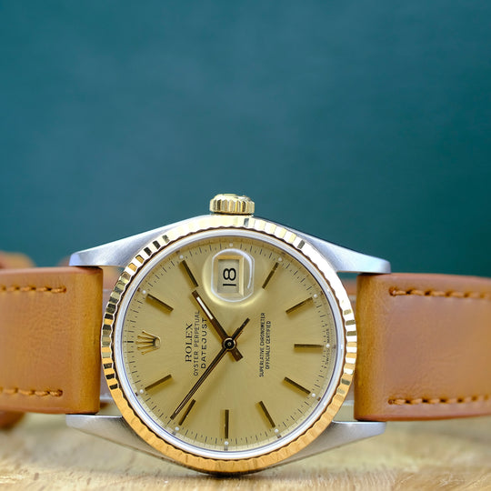 ROLEX DATEJUST CHAMPAGNE DIAL LIGHT BROWN LEATHER WATCH 16233 BOX&PAPER - Luxuriant Concierge