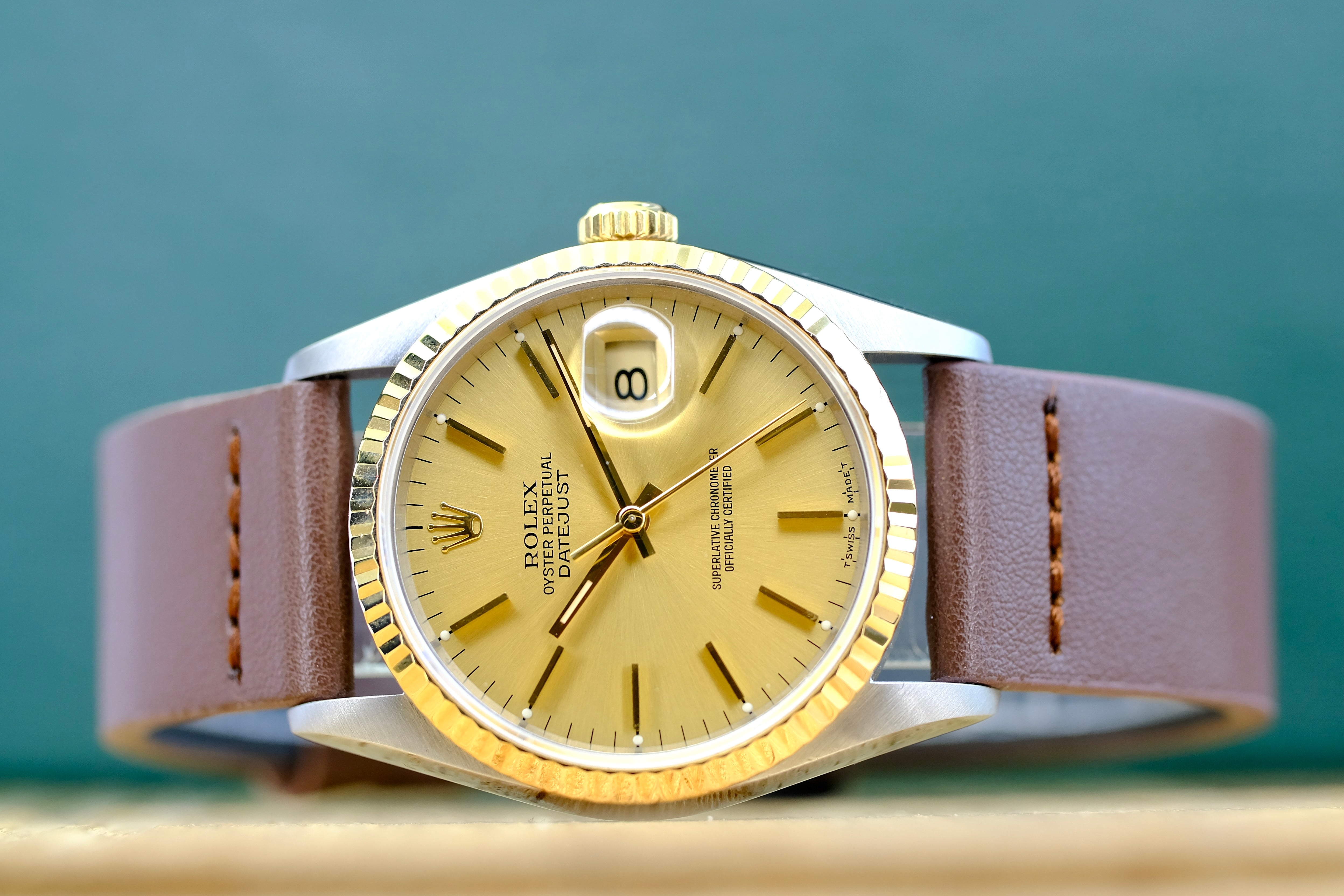 ROLEX DATEJUST CHAMPAGNE DIAL DARK BROWN LEATHER WATCH 16233 BOX&PAPER - Luxuriant Concierge