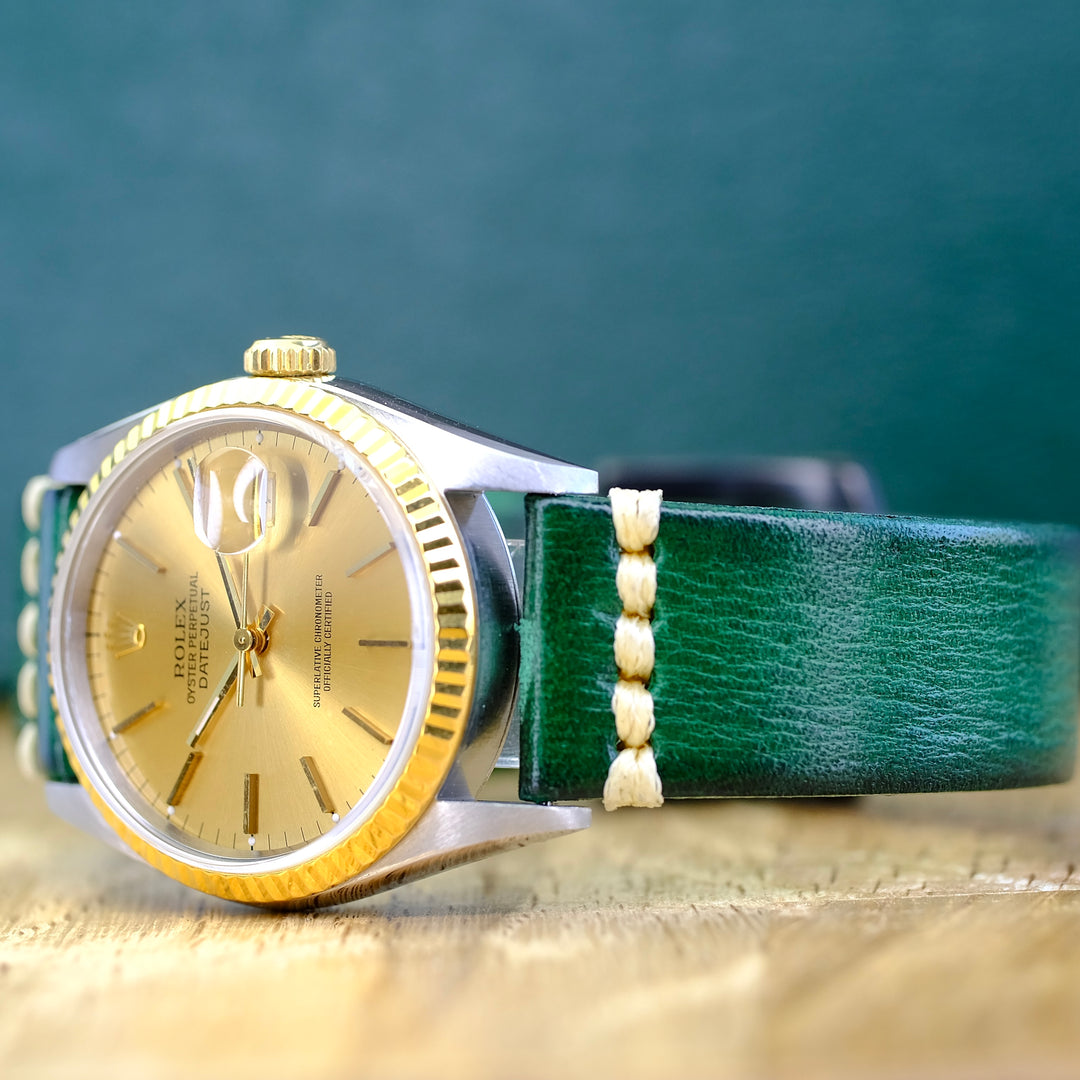 ROLEX DATEJUST CHAMPAGNE INDEX DIAL GREEN LEATHER WATCH 16233 - Luxuriant Concierge