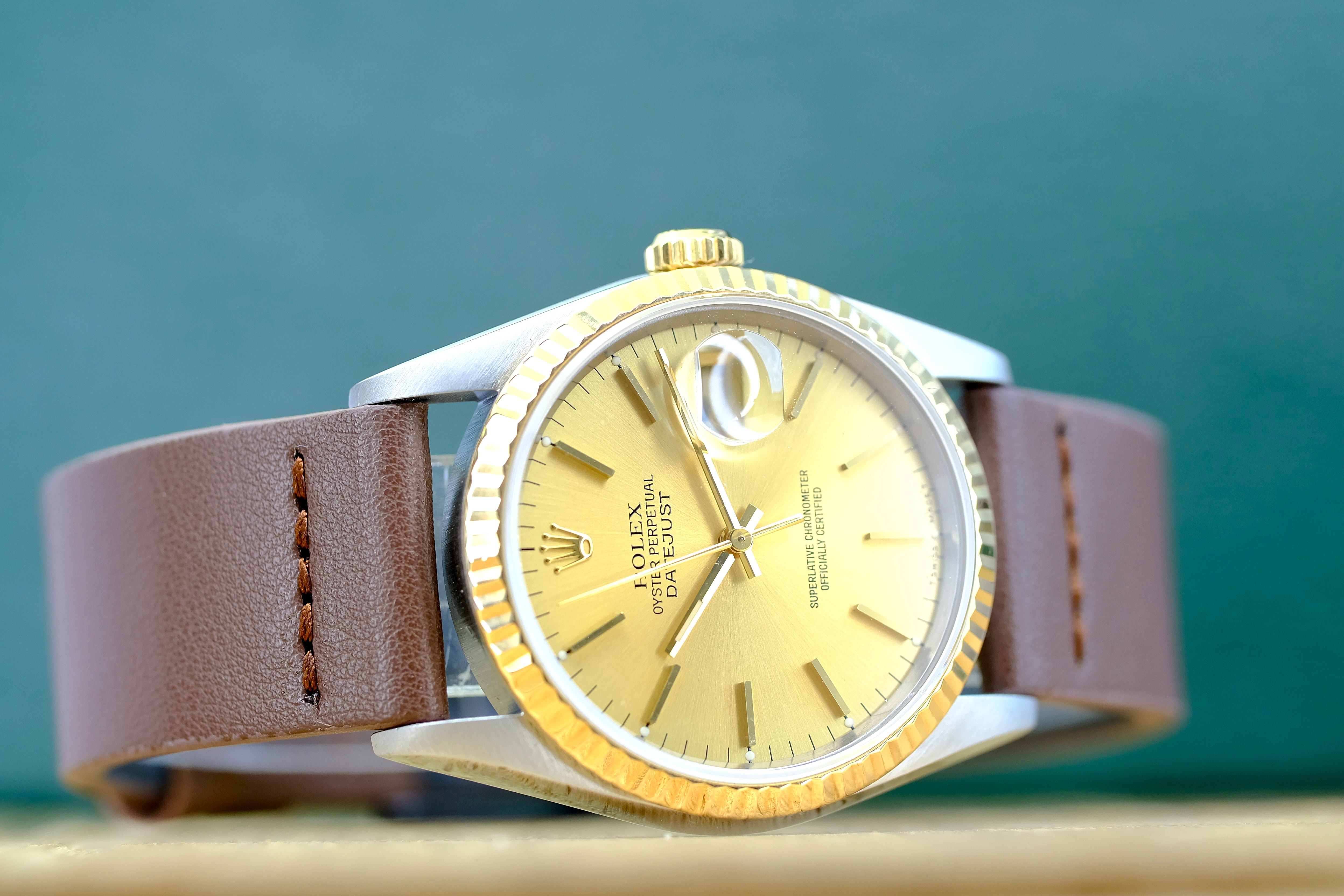 ROLEX DATEJUST CHAMPAGNE DIAL DARK BROWN LEATHER WATCH 16233 BOX&PAPER - Luxuriant Concierge