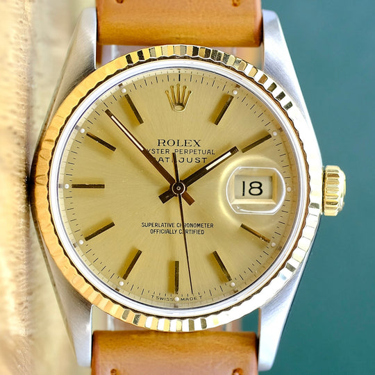ROLEX DATEJUST CHAMPAGNE DIAL LIGHT BROWN LEATHER WATCH 16233 BOX&PAPER - Luxuriant Concierge