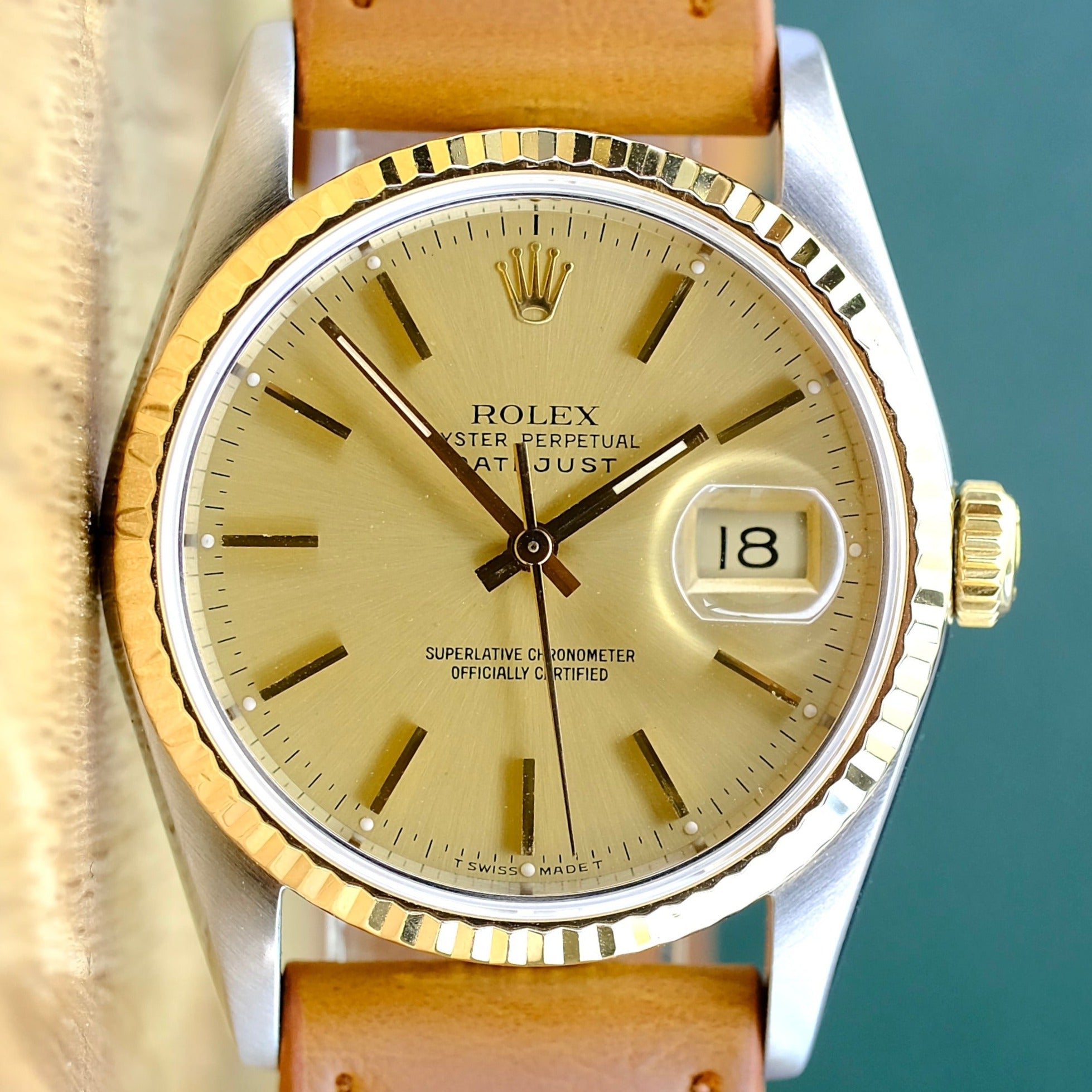 ROLEX DATEJUST CHAMPAGNE INDEX DIAL LIGHT BROWN LEATHER WATCH 16233 - Luxuriant Concierge