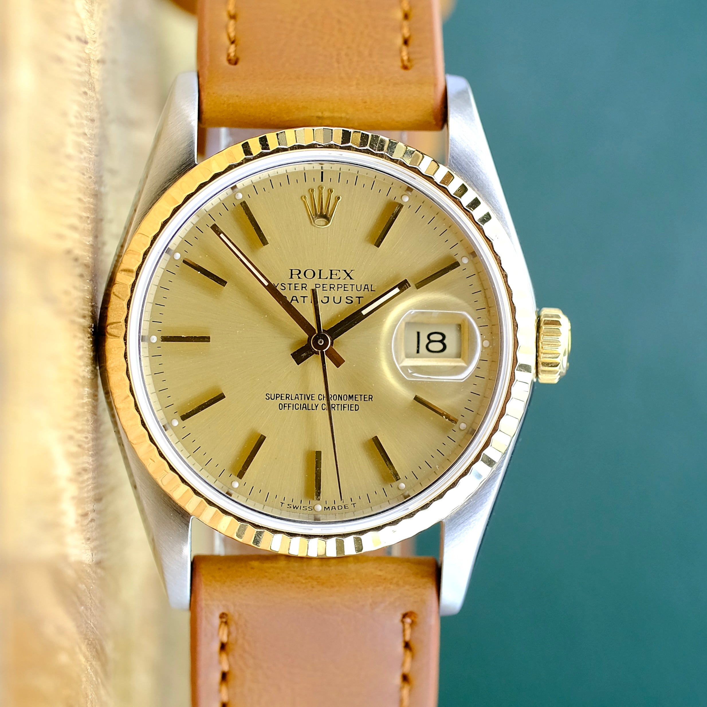 ROLEX DATEJUST CHAMPAGNE INDEX DIAL LIGHT BROWN LEATHER WATCH 16233 - Luxuriant Concierge