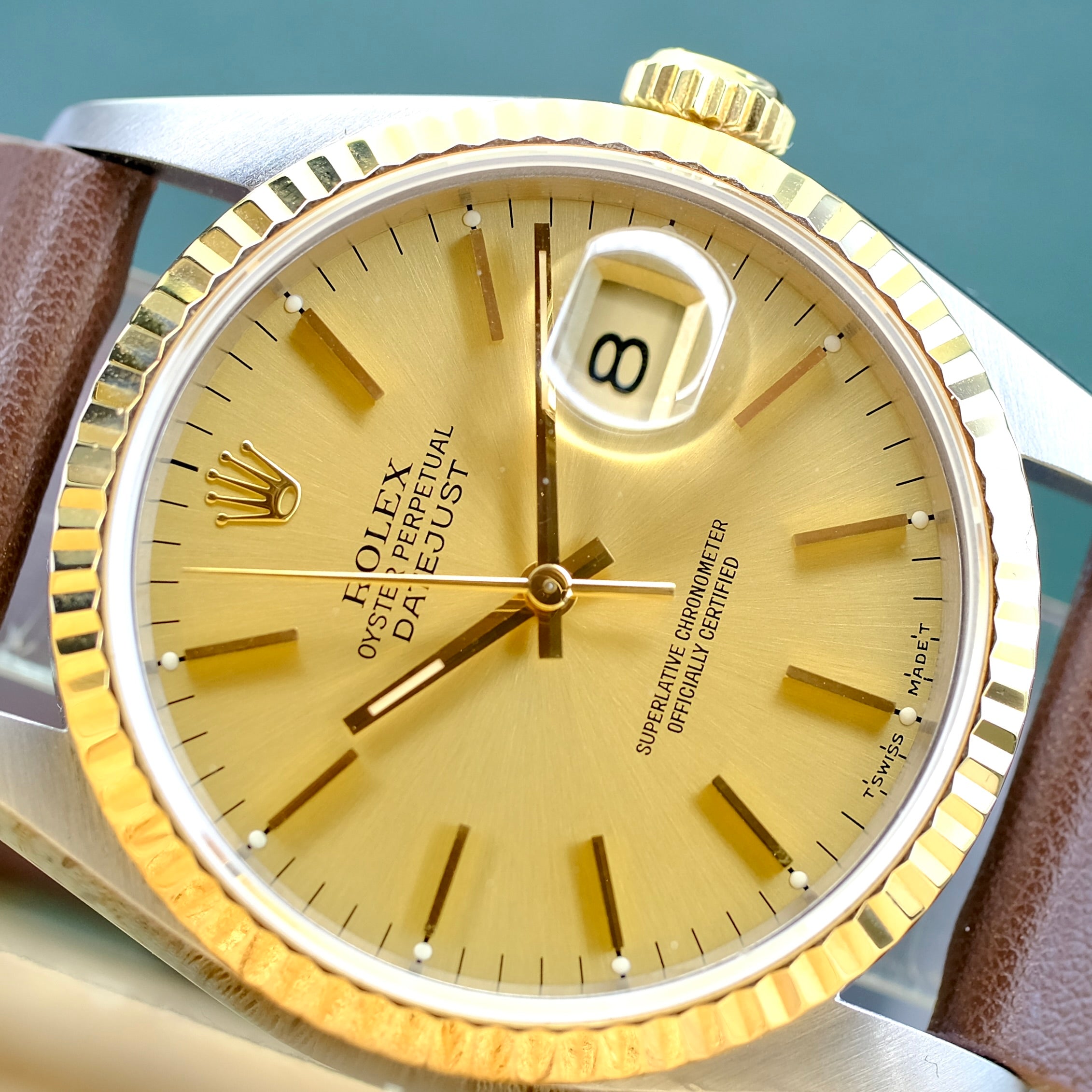 ROLEX DATEJUST CHAMPAGNE DIAL DARK BROWN LEATHER WATCH 16233 BOX&PAPER - Luxuriant Concierge