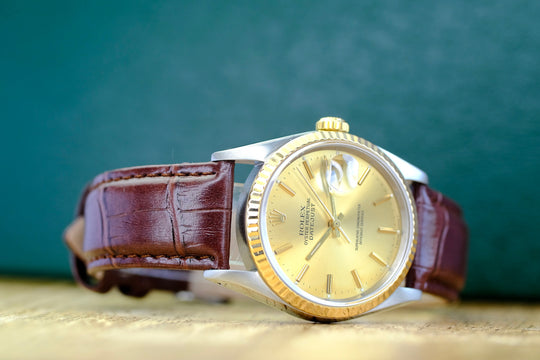ROLEX DATEJUST CHAMPAGNE INDEX DIAL BROWN LEATHER WATCH 16233 BOX&PAPER - Luxuriant Concierge