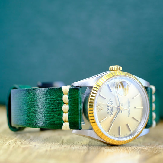 ROLEX DATEJUST CHAMPAGNE INDEX DIAL GREEN LEATHER WATCH 16233 BOX&PAPER - Luxuriant Concierge