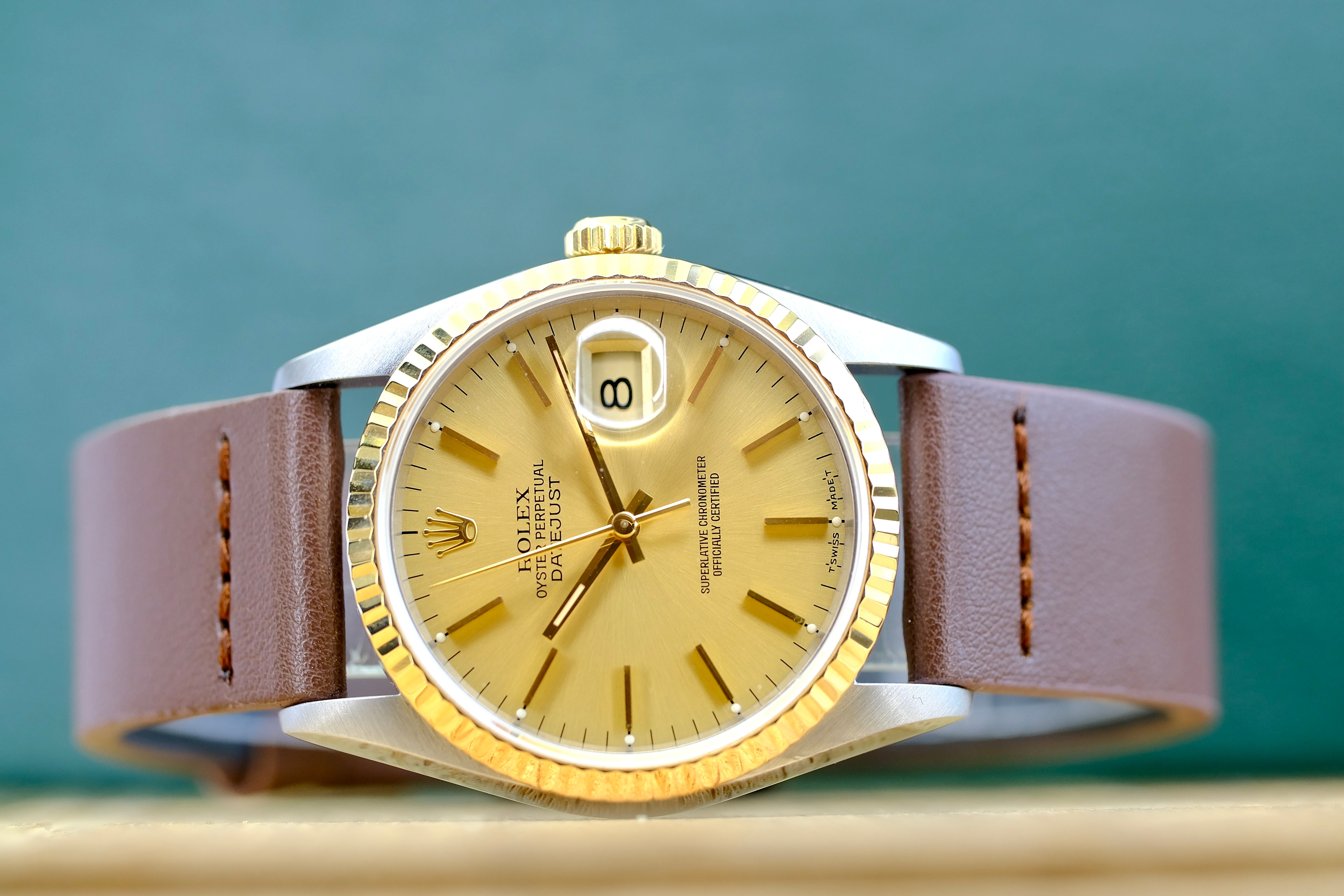 ROLEX DATEJUST CHAMPAGNE DIAL DARK BROWN LEATHER WATCH 16233 BOX&PAPER - Luxuriant Concierge