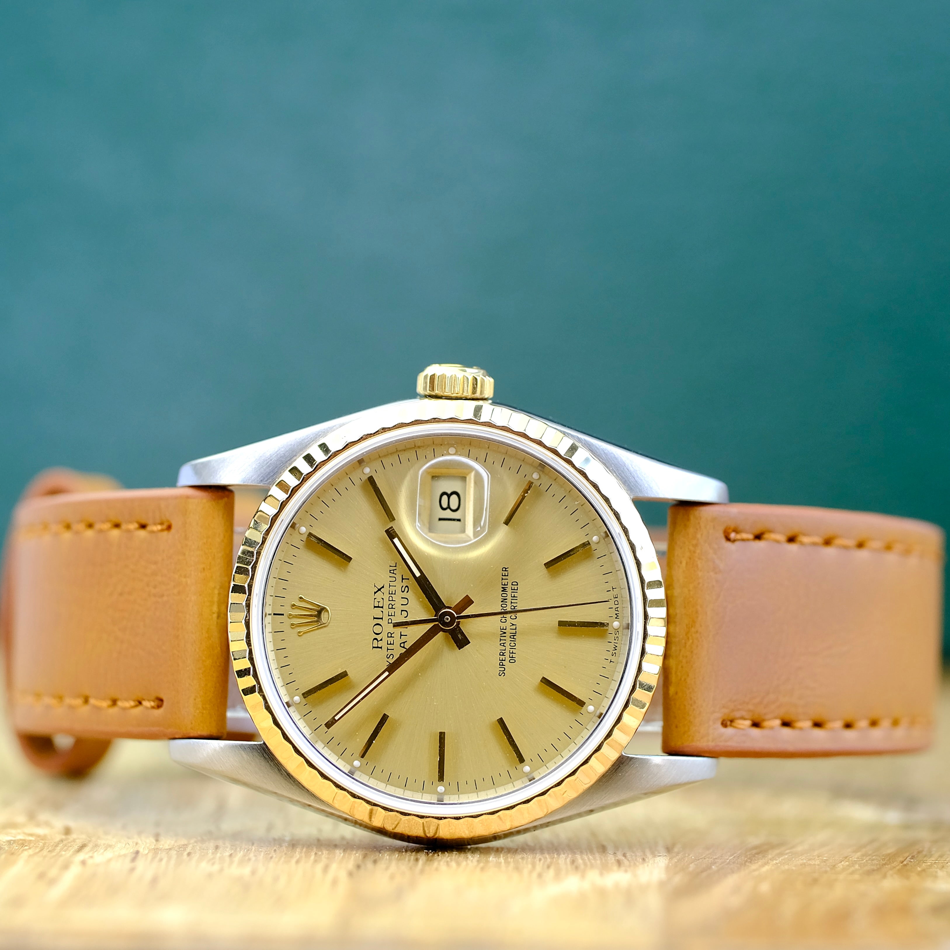 ROLEX DATEJUST CHAMPAGNE INDEX DIAL LIGHT BROWN LEATHER WATCH 16233 - Luxuriant Concierge