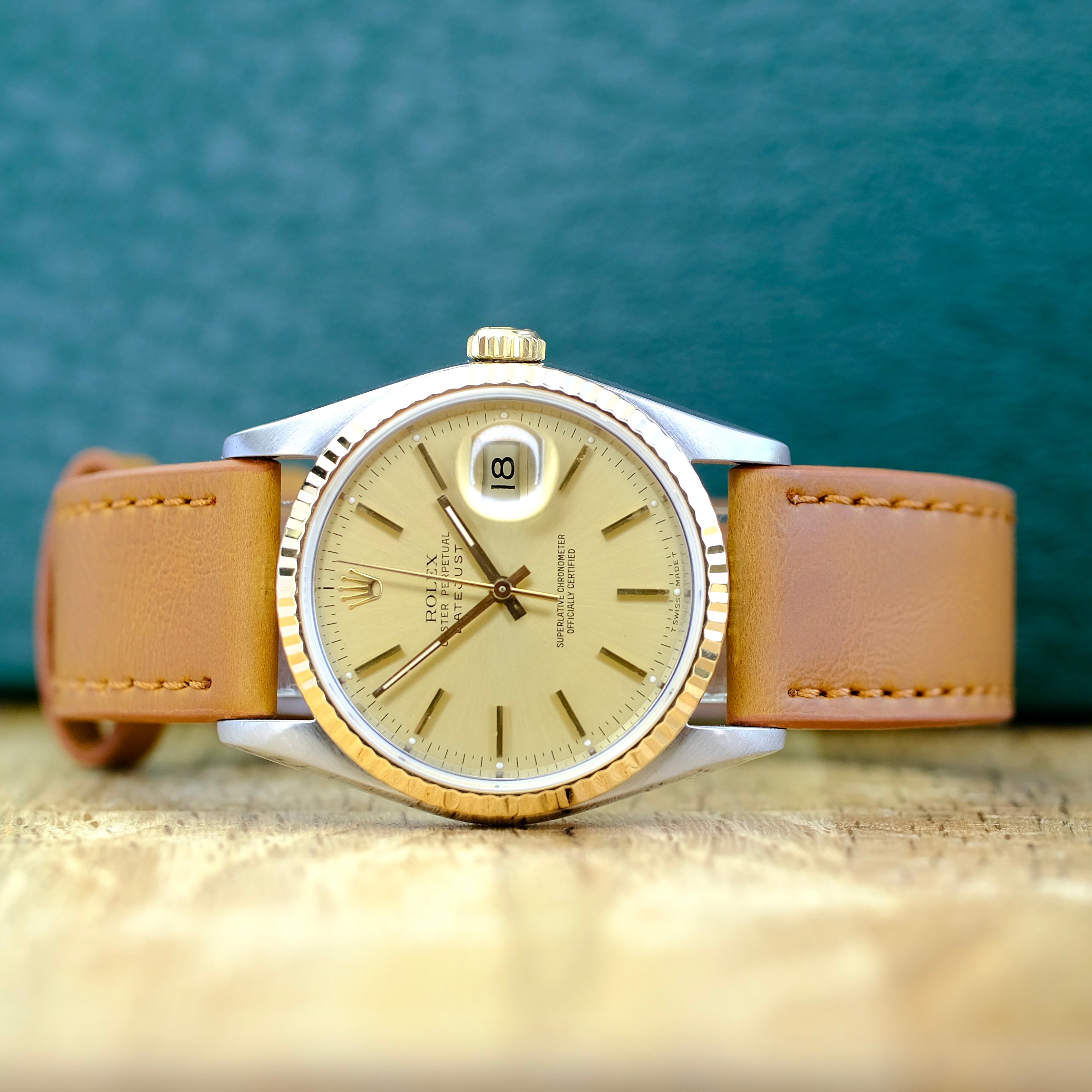 ROLEX DATEJUST CHAMPAGNE INDEX DIAL LIGHT BROWN LEATHER WATCH 16233 - Luxuriant Concierge